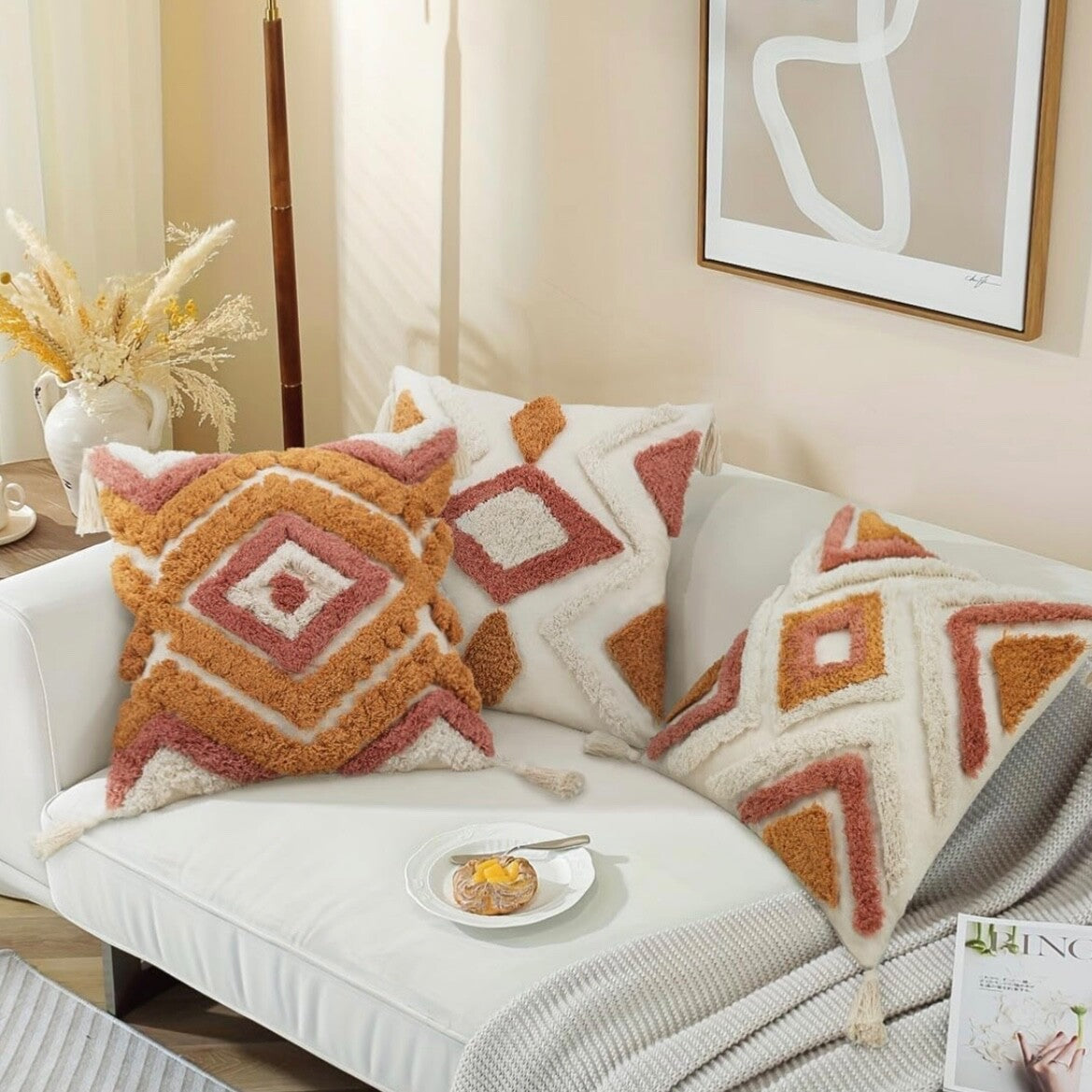 NEW Anthro Orange Diamond Boho Tassel Throw Pillow Case Cover Sham - 18" x 18"