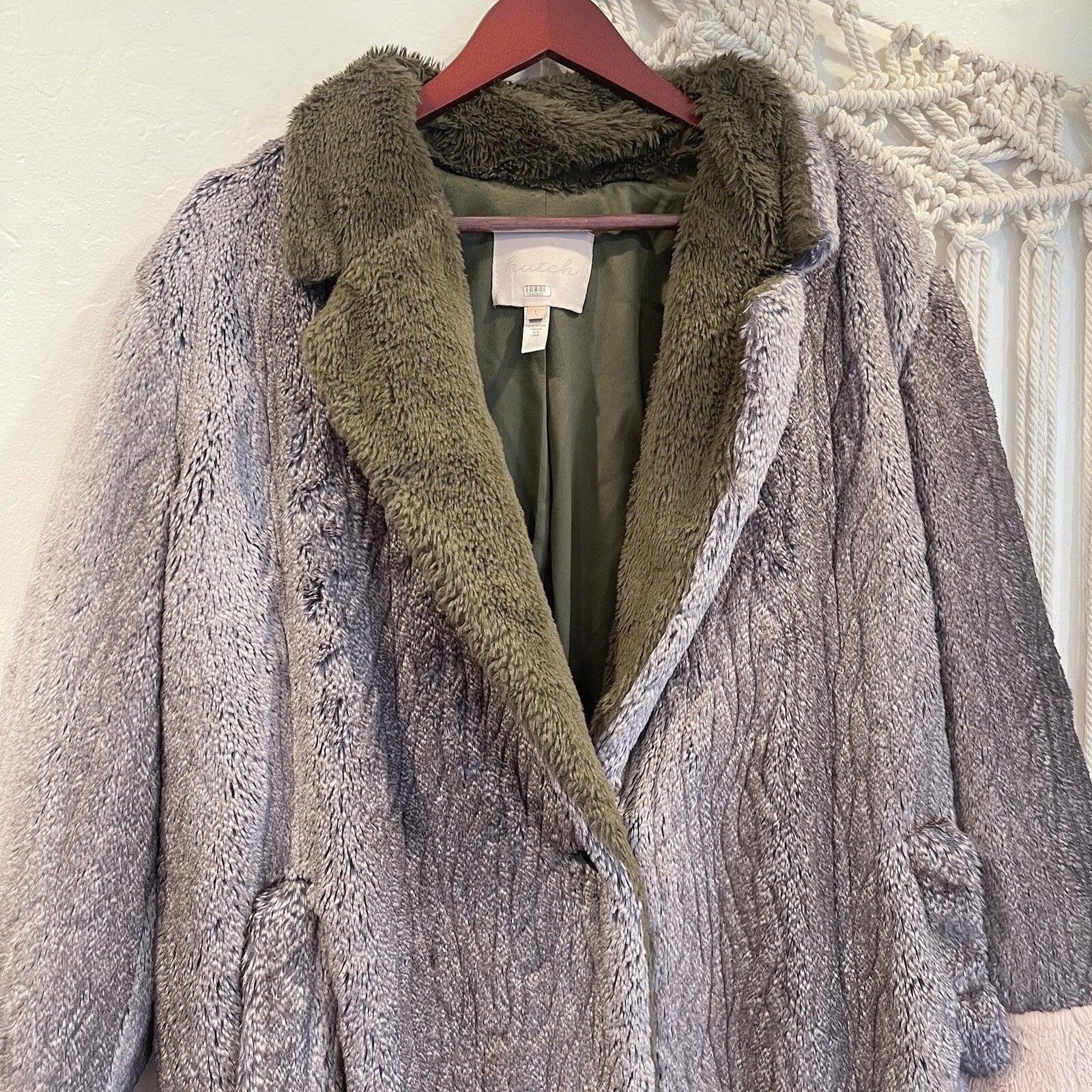 Anthropologie Hutch Grey Green Pink Long Faux Fur Trench Coat Jacket Size Large