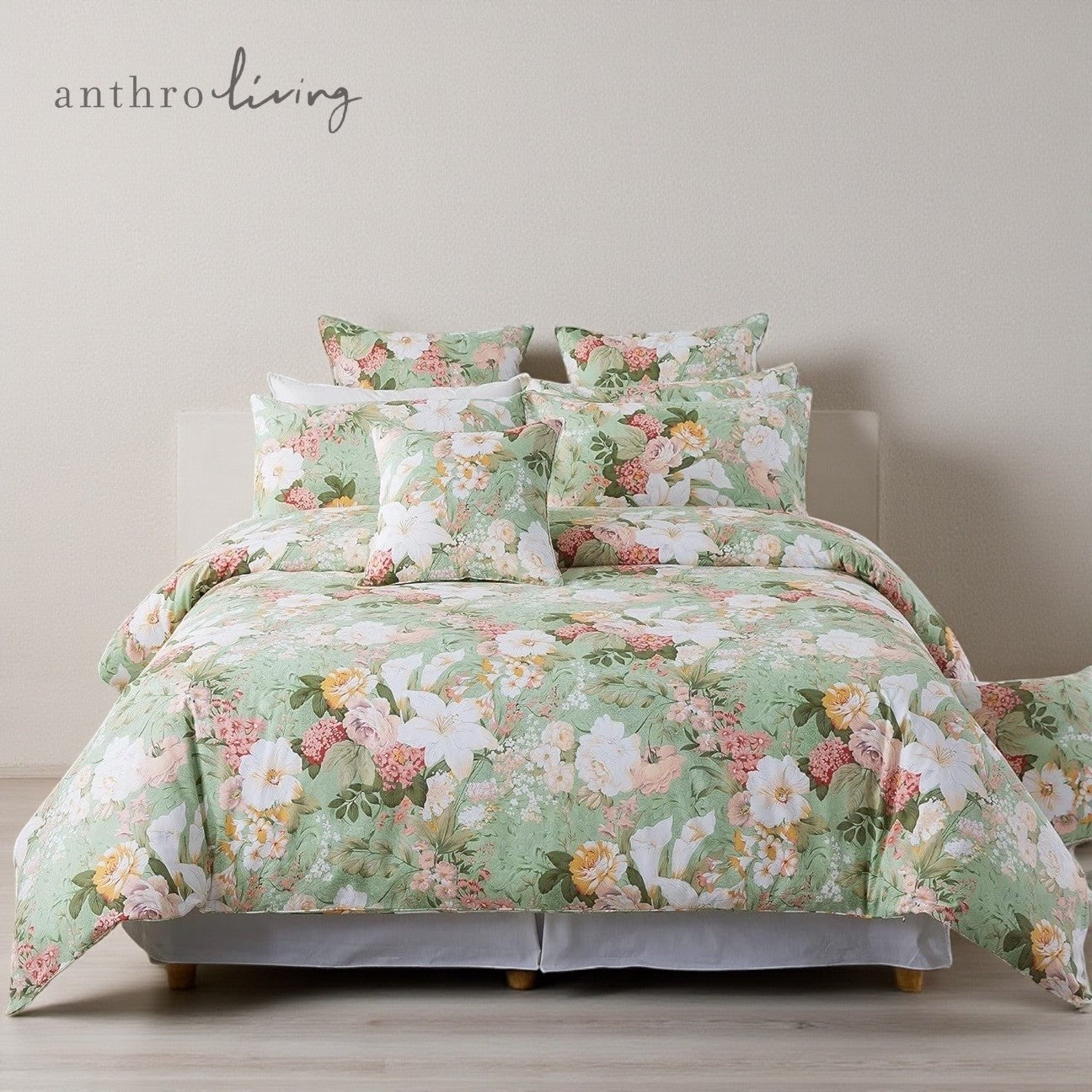 NEW Anthro Green Pink Floral Cotton Queen / King Cotton Bedding Duvet & Sham Set