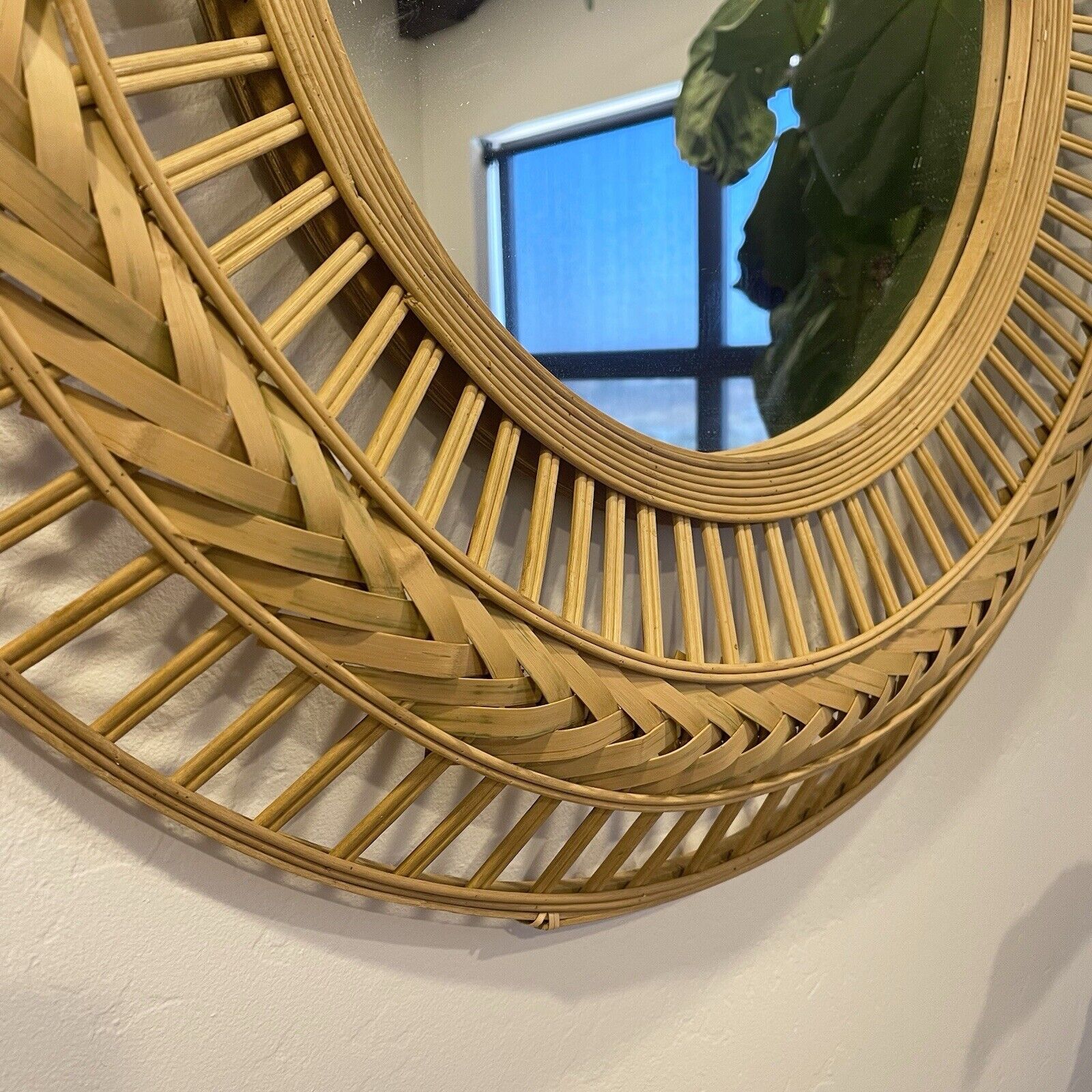 NEW West Elm Large Round Mirror Wicker Rattan Boho Wall Hanging Decor - 36” Diam