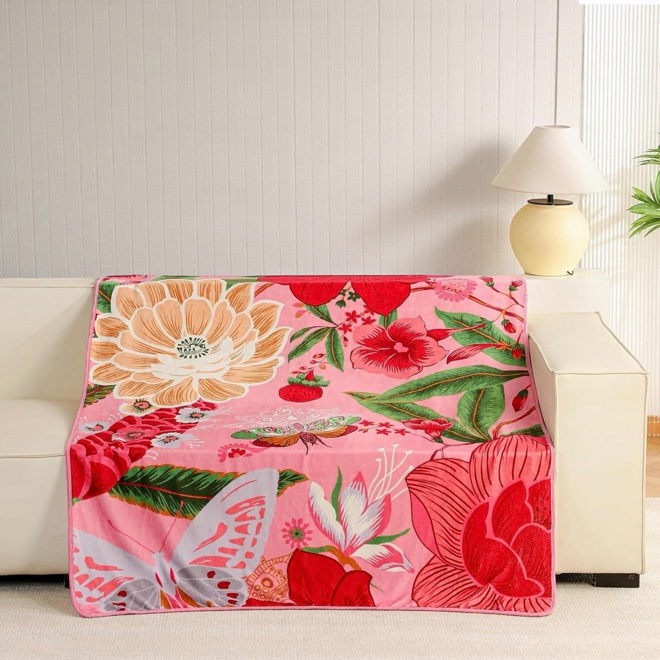 NEW Anthropologie XL Queen Boho Red Floral Fleece Throw Blanket Bedspread 90x90