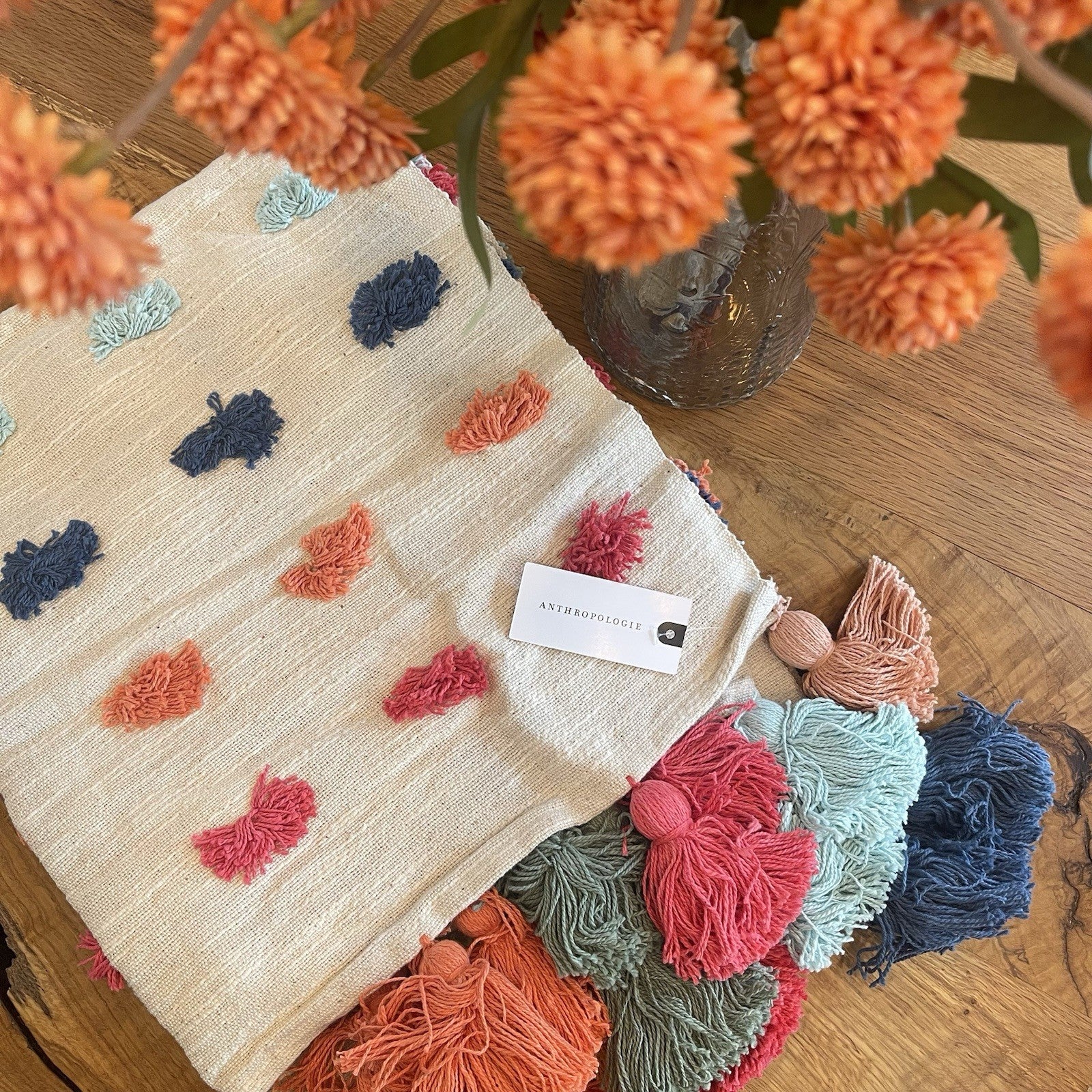 NEW Anthropologie Boho Tassel Pom Pom Colorful Throw Blanket Bedding - 50" x 60"