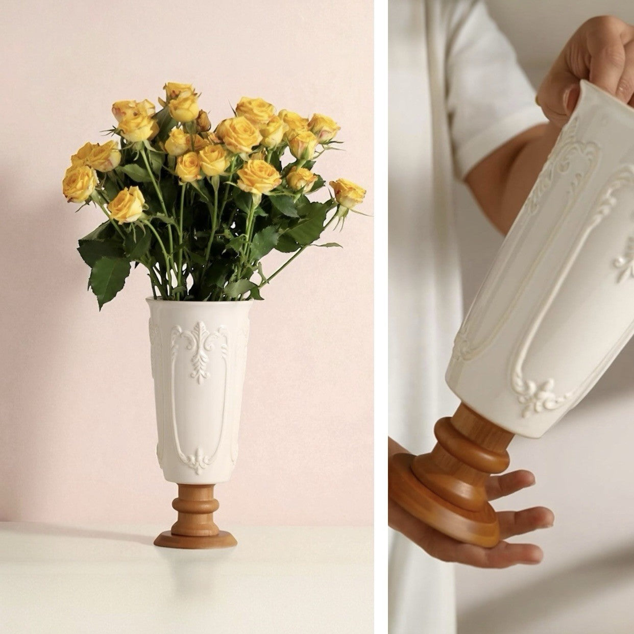 NEW Anthropologie XL Vintage Cream Ceramic & Wood Base Flower Vase Decor - 9"
