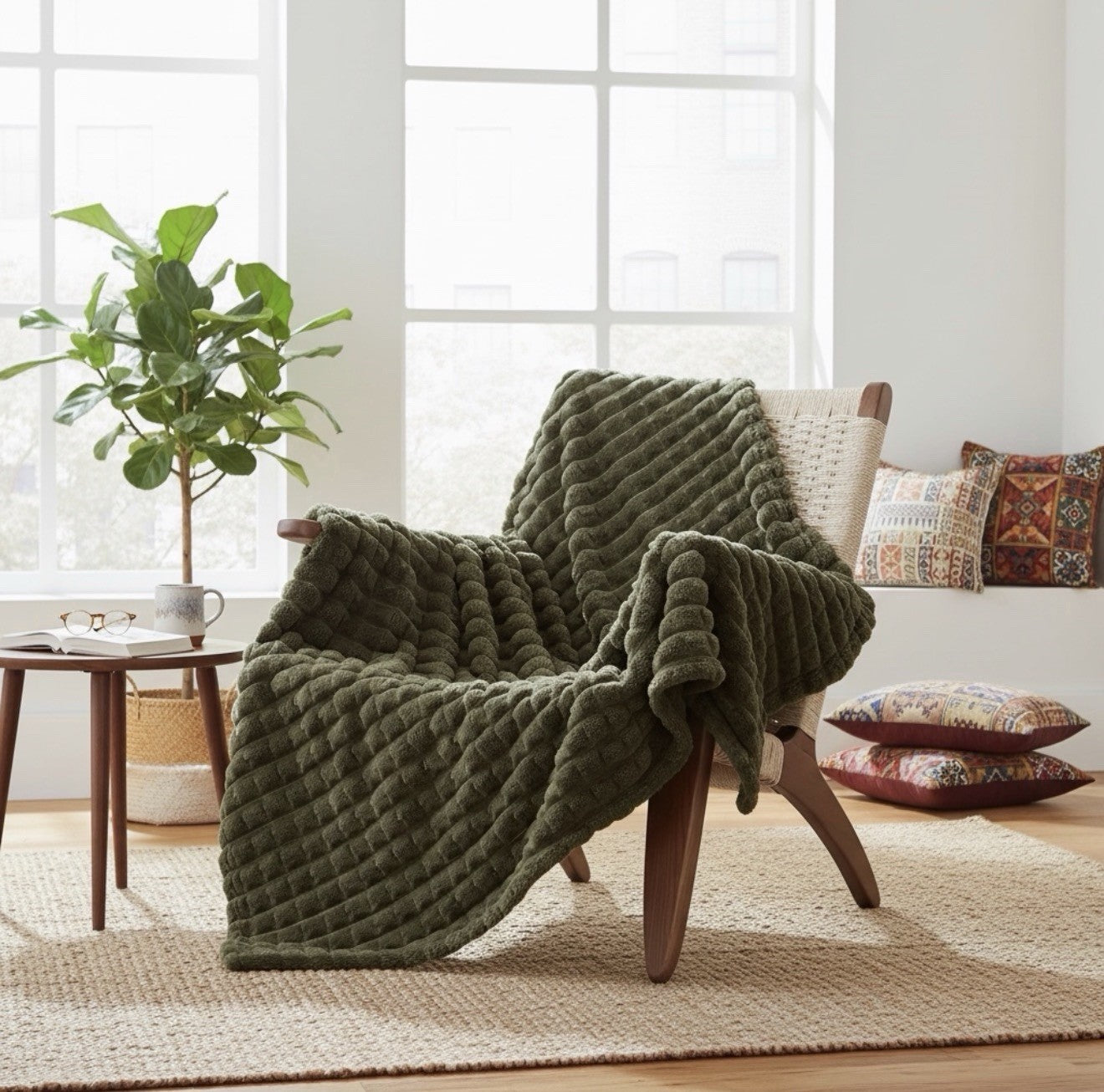 NEW West Elm Boho Dark Green Sherpa Ultra Soft Throw Blanket Bedding - 60" x 50"