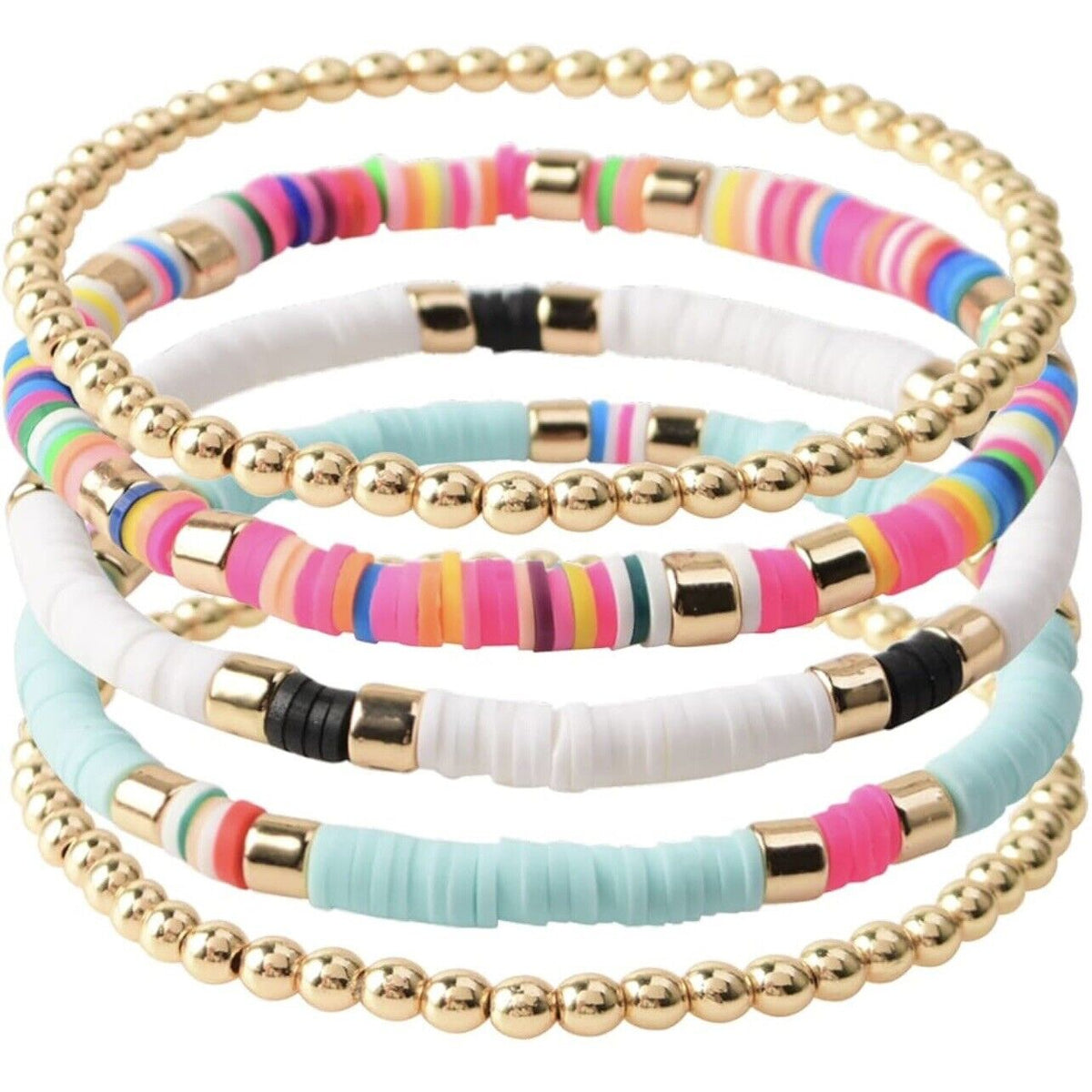 New Free People Neon & Gold Beaded Boho Stacking Stretch Bracelets Jewelry Set