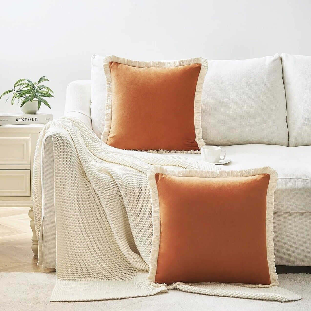 New West Elm Set 2 Orange Velvet Boho Fringe Throw Pillow Case Cover Sham 18x18