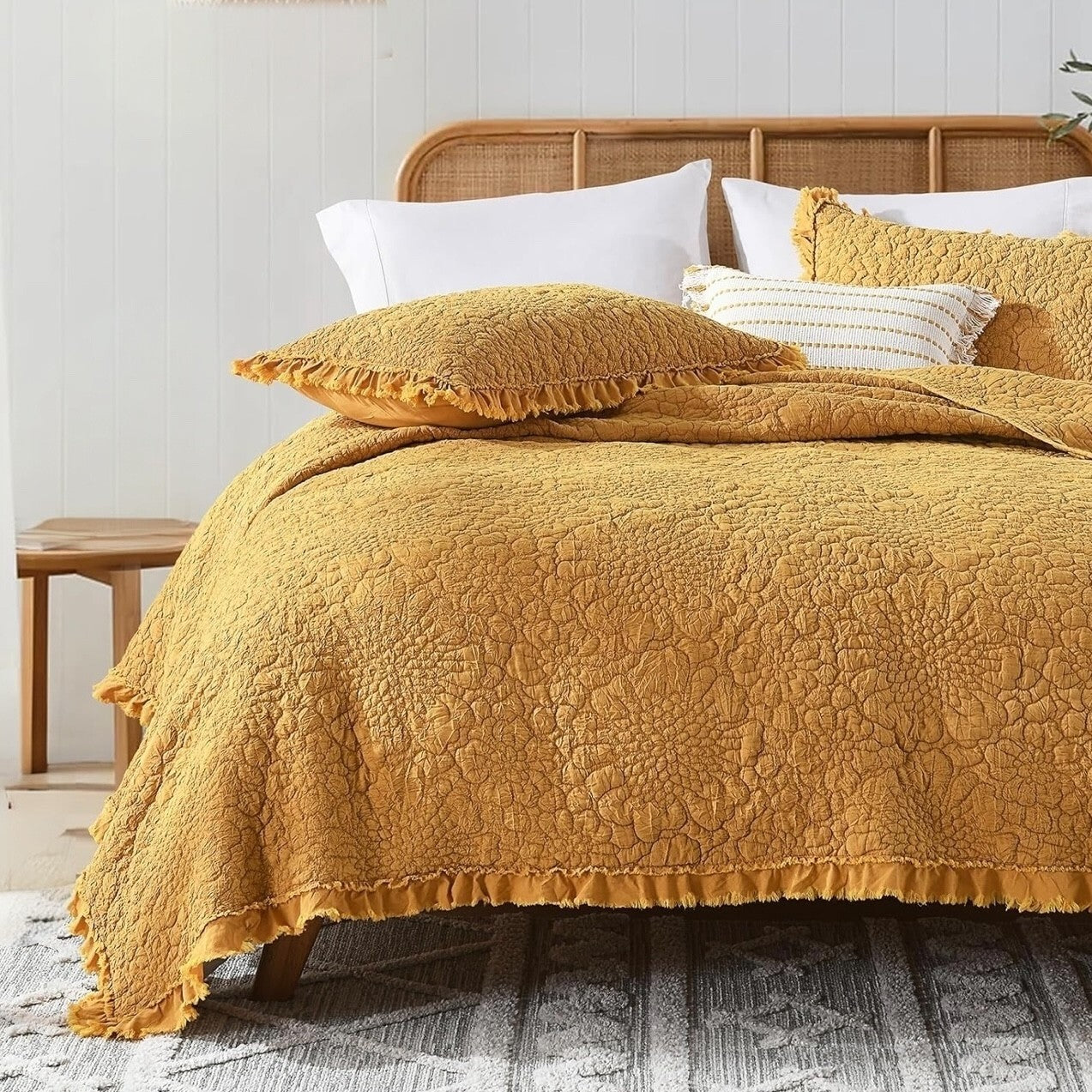 NEW Anthro Orange Yellow Ruffle Crinkled Queen / King Bedding Quilt & Sham Case