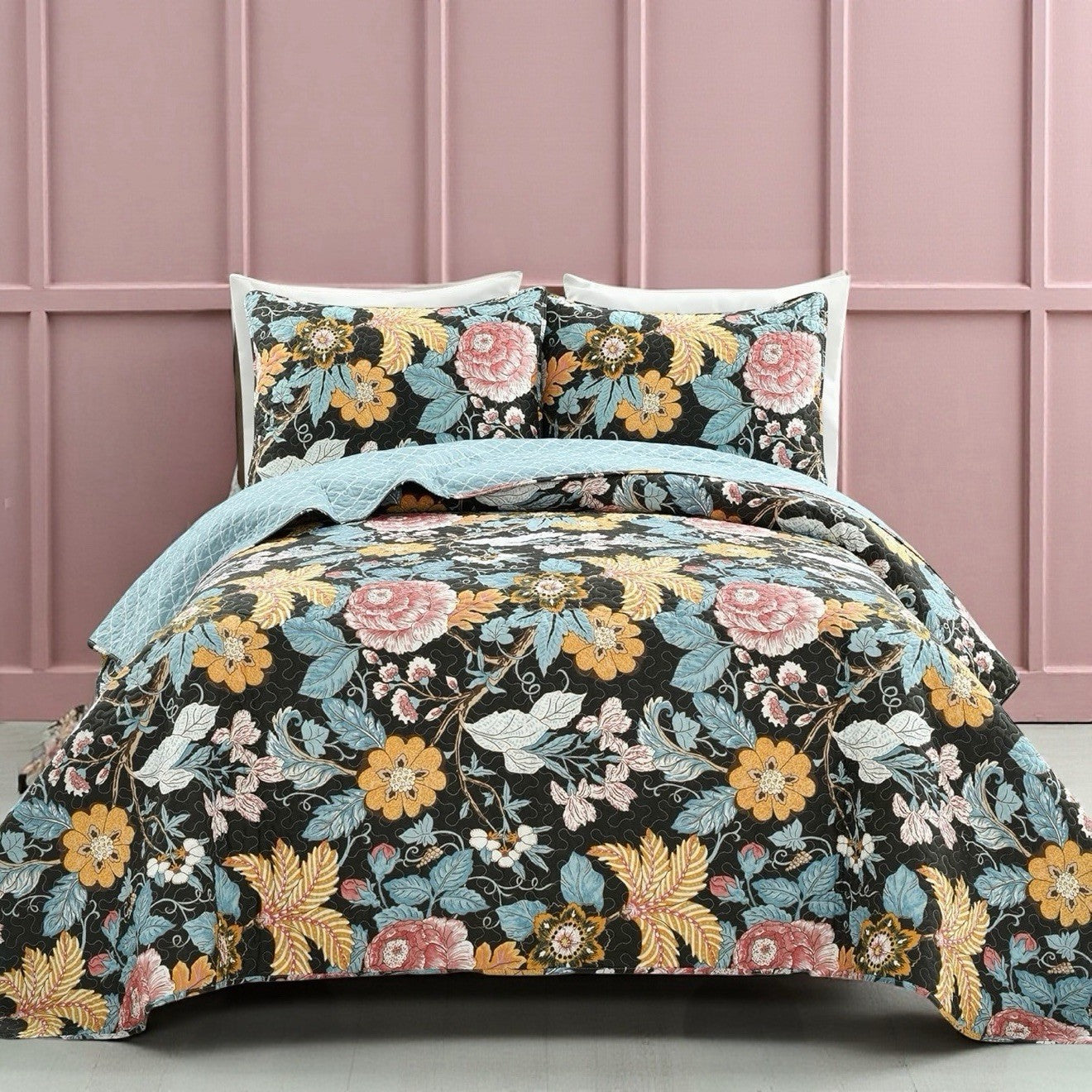 NEW Anthro Cotton Floral Reversible Boho Queen / King Bedding Quilt & Sham Set