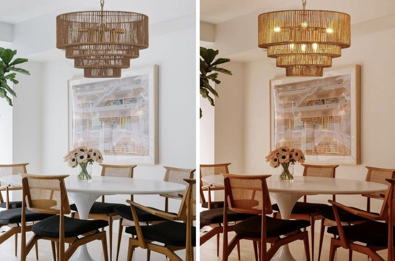 NEW West Elm XL 6-Light Boho Rattan Woven Chandelier Hanging Light Fixture