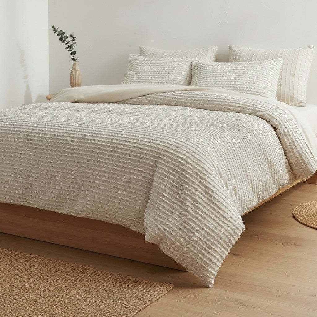 NEW Anthropologie Beige Boho King Size Tufted Fringe Bedding Duvet & Sham Set