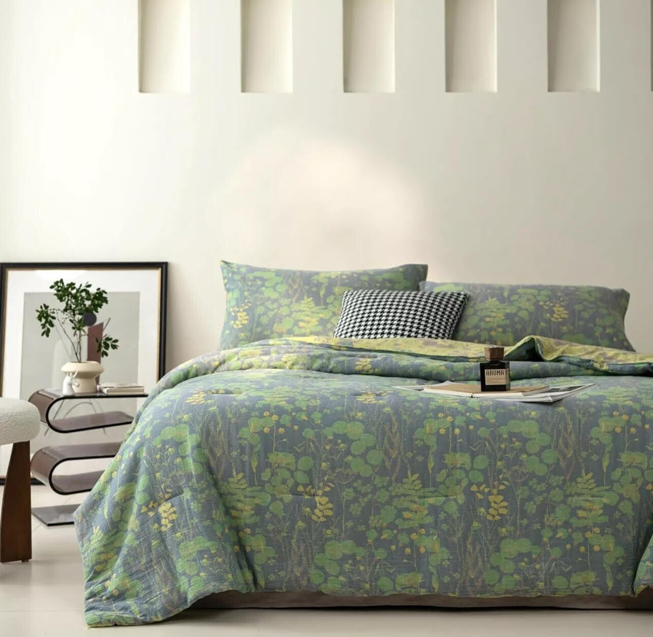 NEW Anthro Blue Green Floral Reversible King Size Bedspread Blanket Sham Set