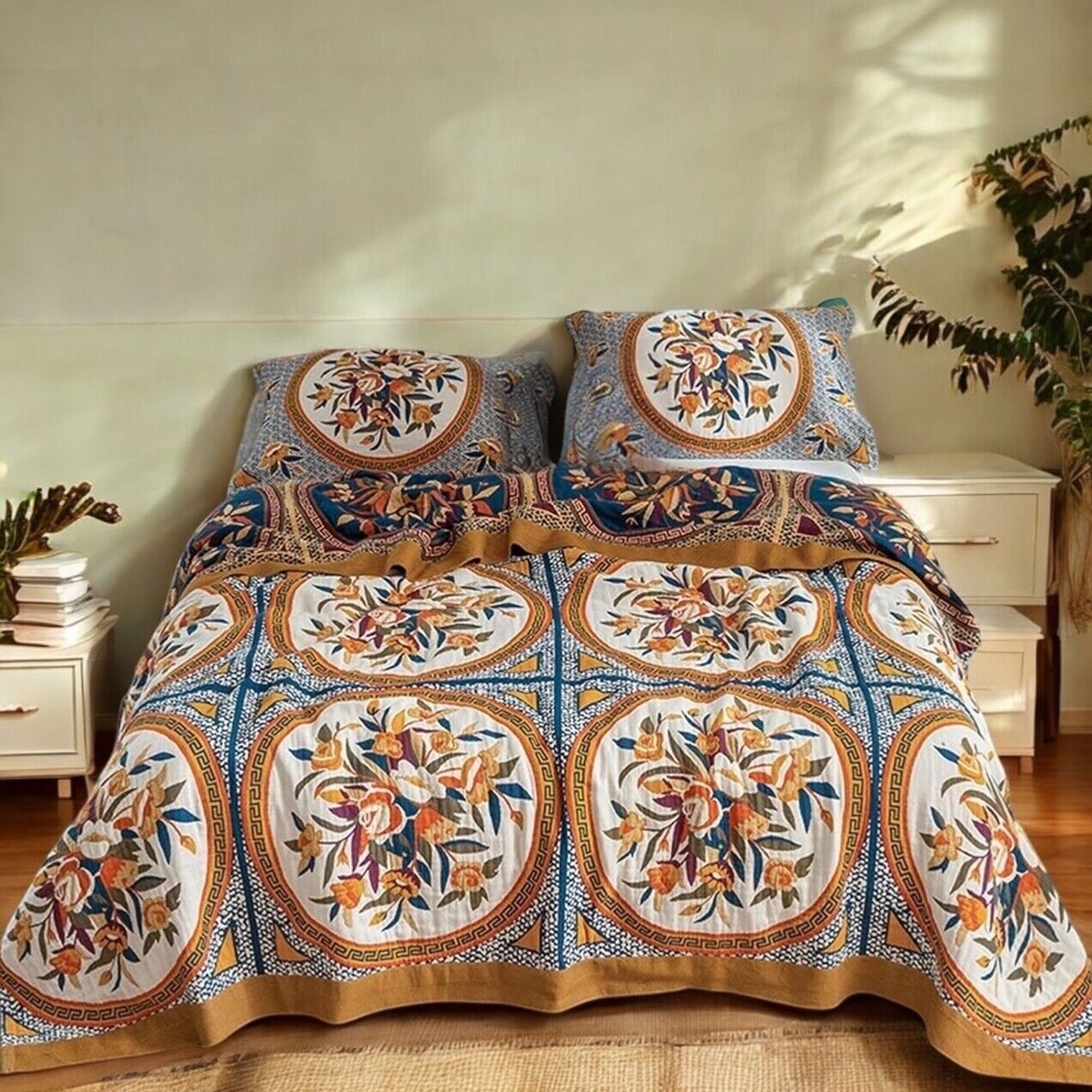 NEW Anthro XL Floral Boho Floral Bedding Blanket Bedspread Quilt - 80" x 90"