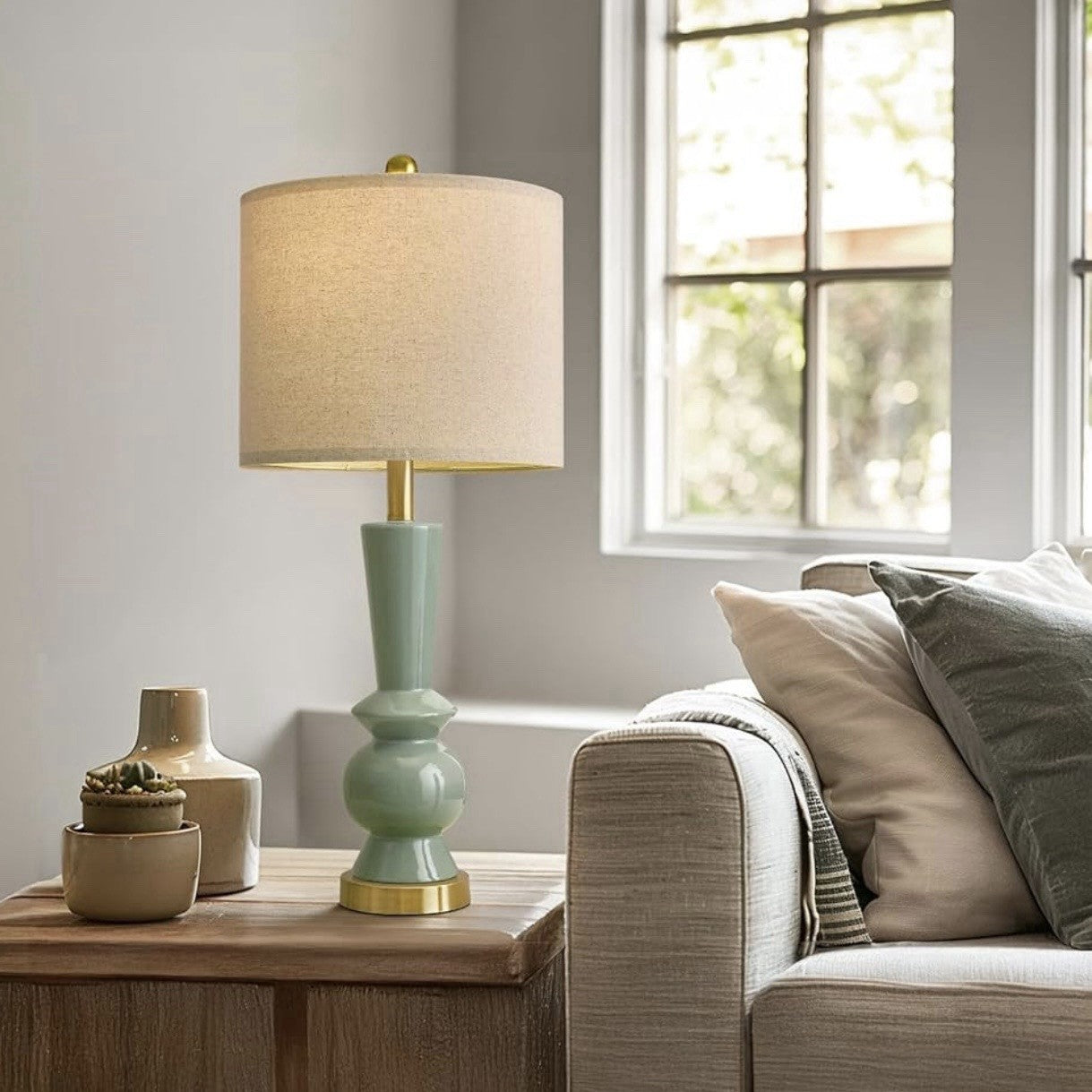 NEW Anthropologie Set of 2 Sage Green Gold Ceramic Boho Table Lamps Lighting 27"