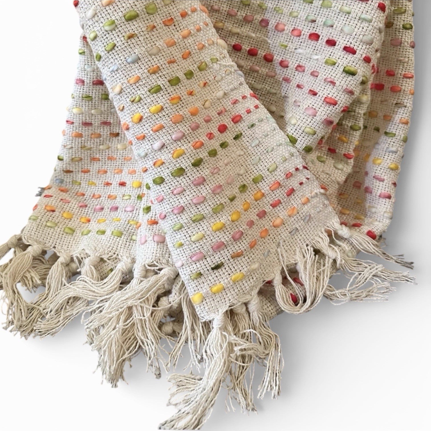 NEW Anthro Beige Rainbow Woven Knit Cotton Boho Tassel Throw Blanket - 50 x 70