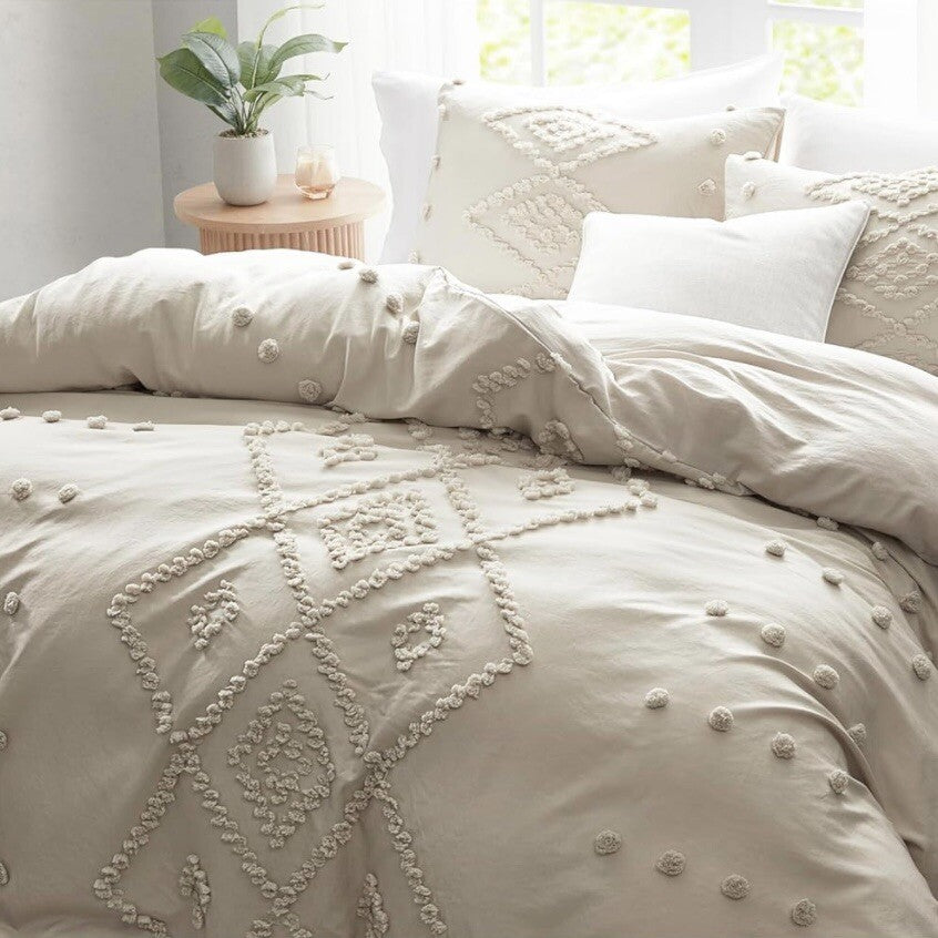NEW Cream Boho King Size Retro Fringe Tassel Bedding Duvet Blanket & Sham Set