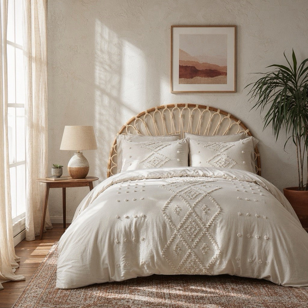 NEW Anthro Beige Cream Boho Queen / King Size Tufted Fringe Bedding Duvet & Sham