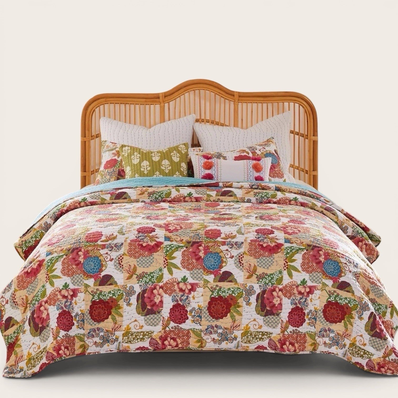 NEW Anthropologie Red White Floral Boho King Quilt Bedspread Bedding & Sham Set