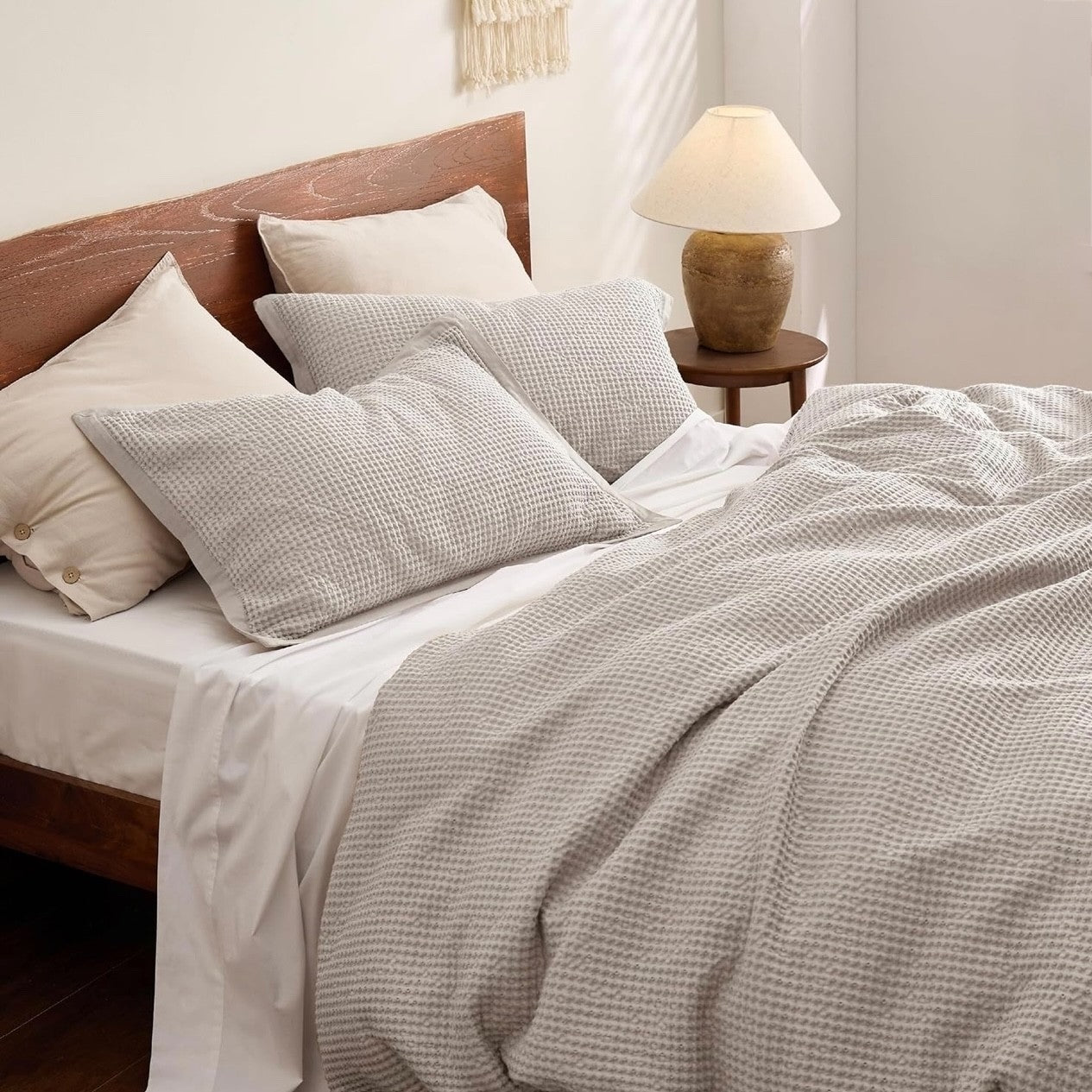 NEW West Elm Beige Waffle Weave Queen King 100% Cotton Bedding Duvet & Sham Set