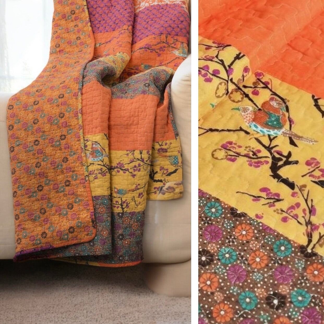 NEW Boho Orange Retro Bird Floral Throw Blanket Bedspread Bedding Quilt 50 x 60