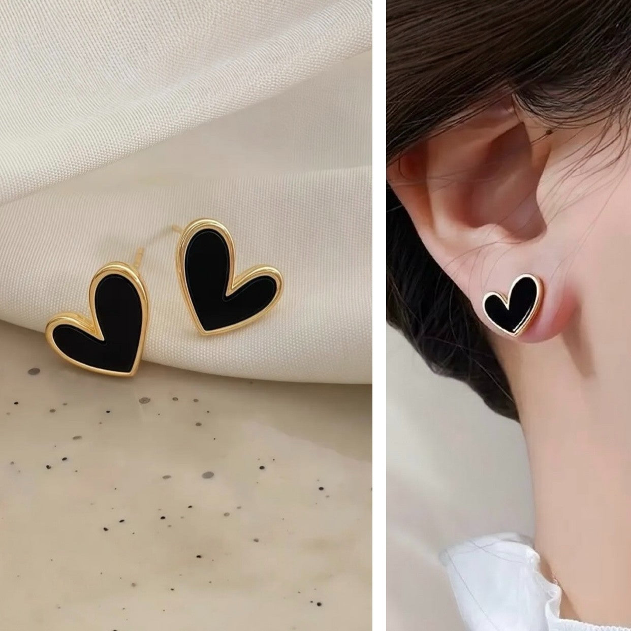 NEW Anthropologie Black & Gold Plated Boho Heart Stud Abstract Earrings Jewelry