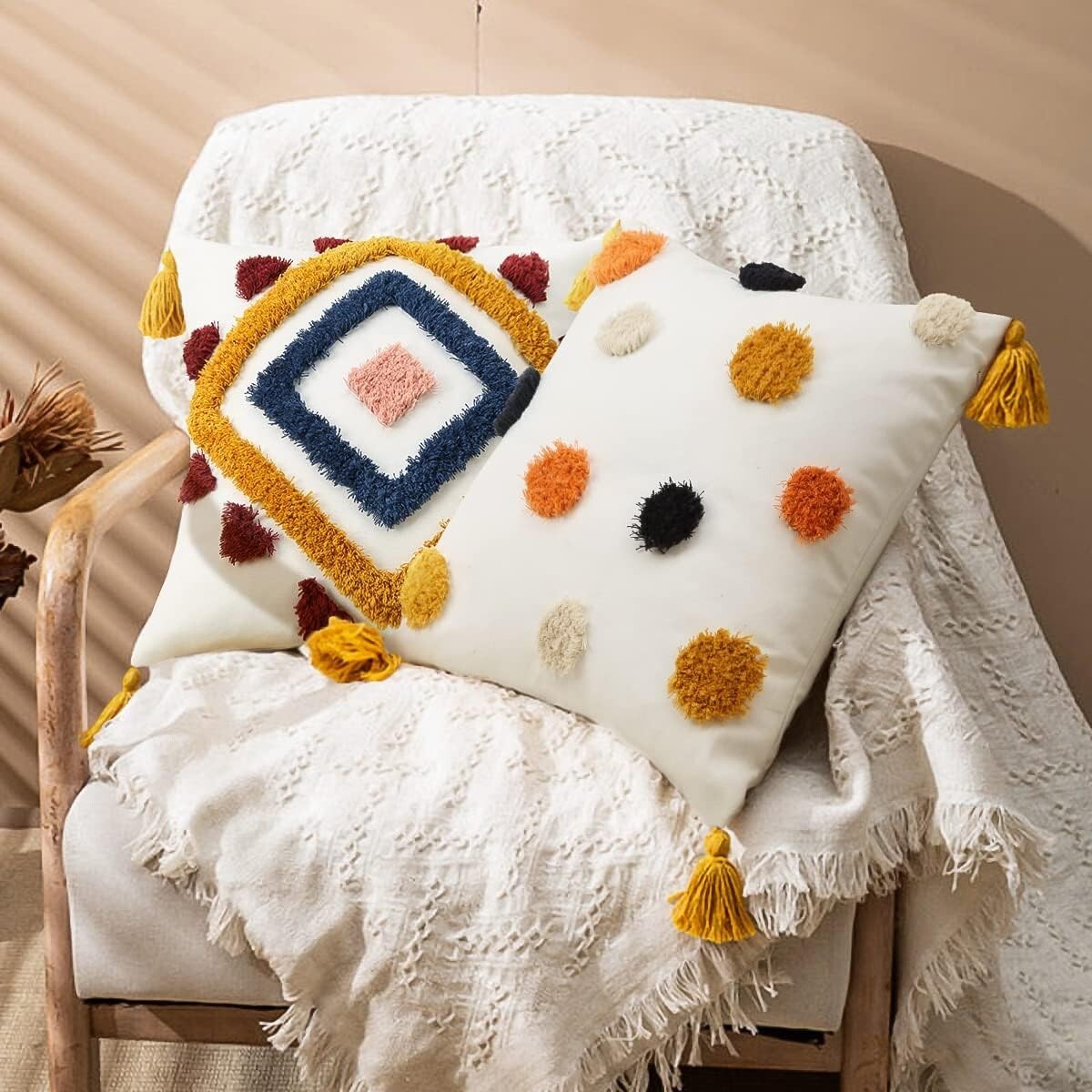 NEW Anthropologie Boho Abstract Tassel Throw Pillow Case Cover Sham - 18" x 18"