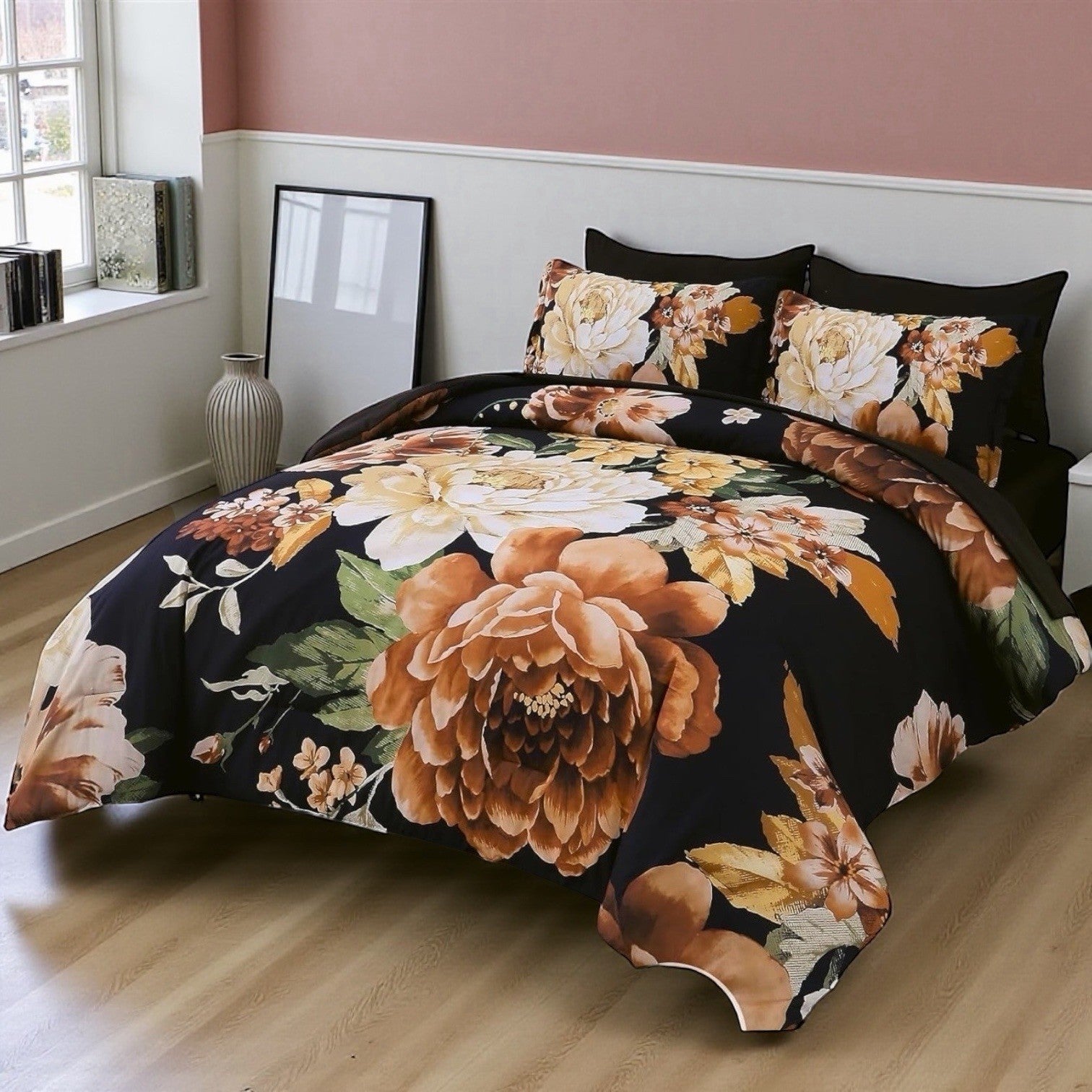 NEW Anthro 7 Piece Black Floral Boho Queen / King Bedding Comforter & Sham Set