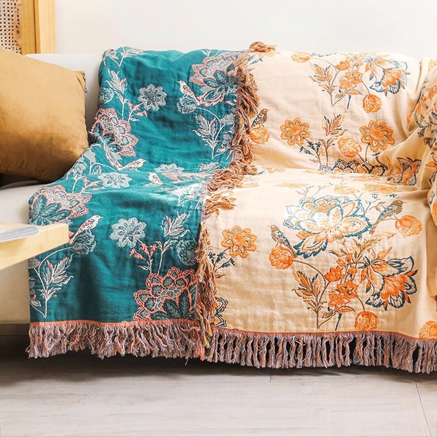 NEW Anthropologie Boho Floral Orange Teal Throw Blanket Bedspread Quilt 80 x 90