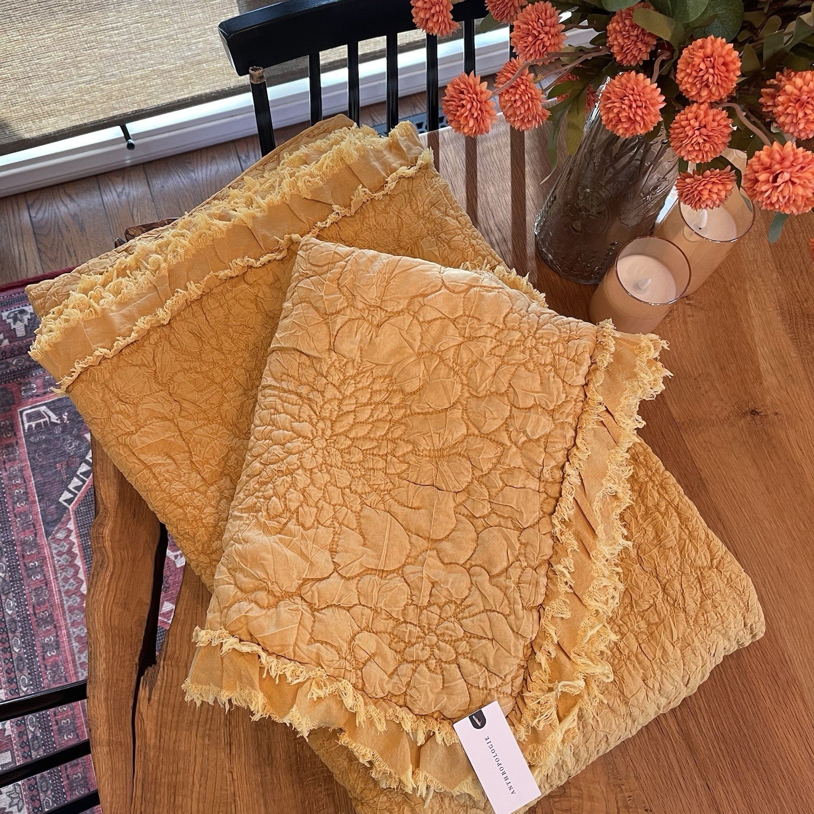 NEW Anthro Orange Yellow Ruffle Crinkled Queen / King Bedding Quilt & Sham Case