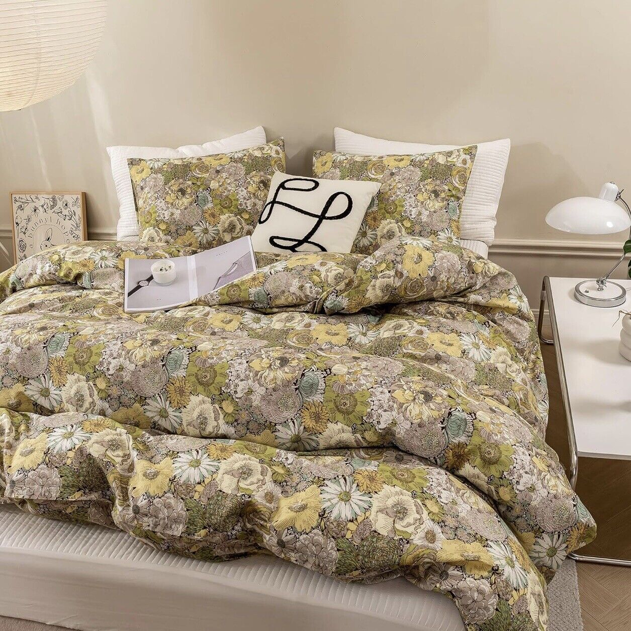 NEW Anthropologie Green Yellow Floral Cotton Boho Queen Bedding Duvet & Sham Set