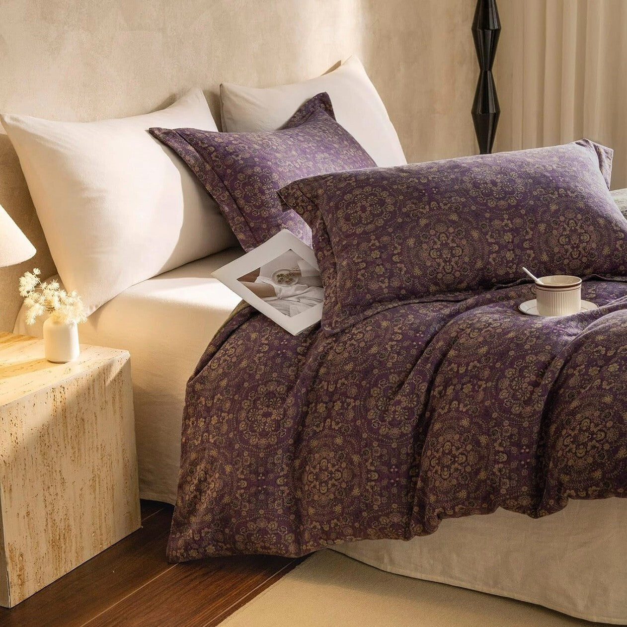 NEW West Elm Purple Muslin 100% Cotton Boho Queen King Bedding Duvet & Sham Case