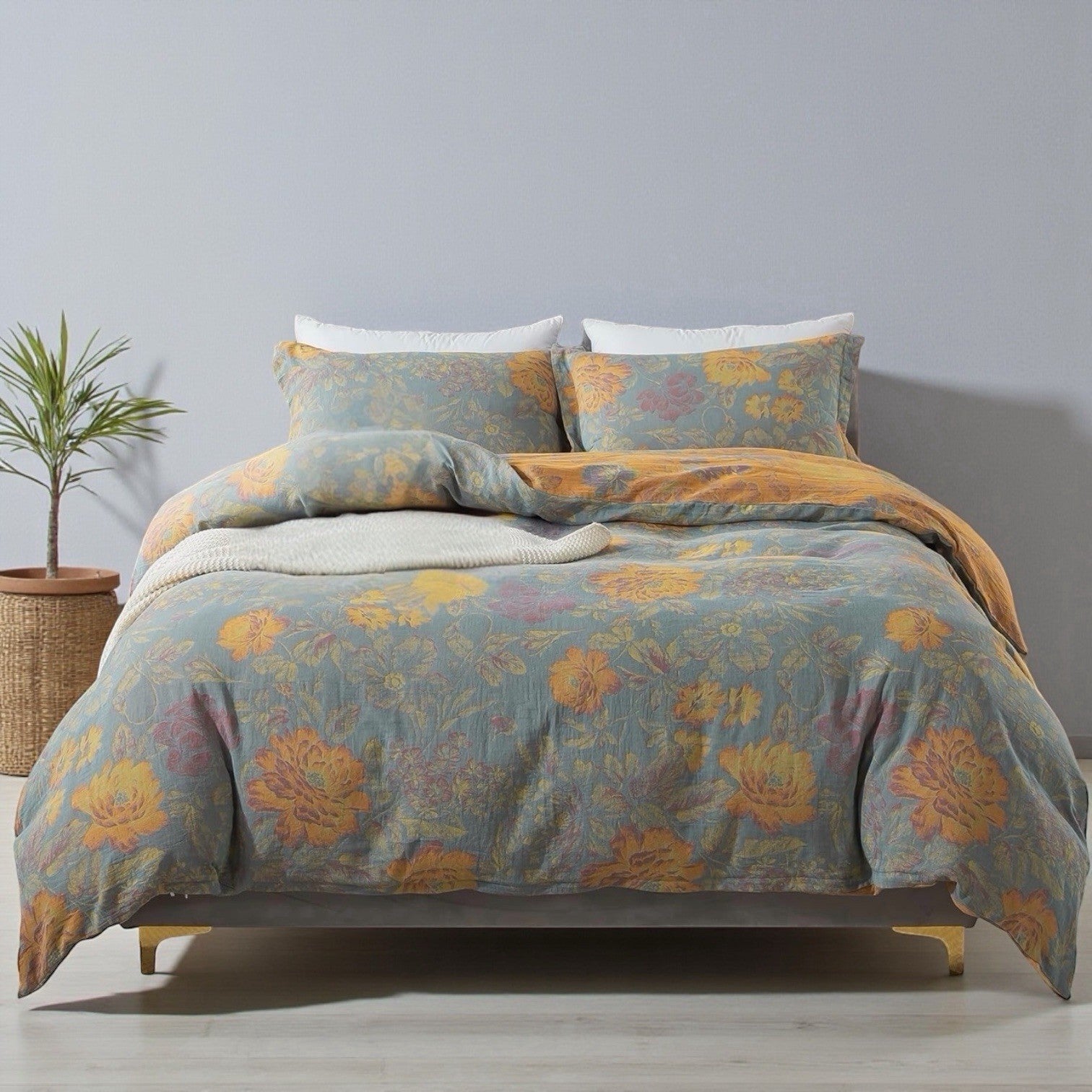 NEW Anthropologie Blue Orange Floral Cotton Queen / King Bedding Duvet Sham Set