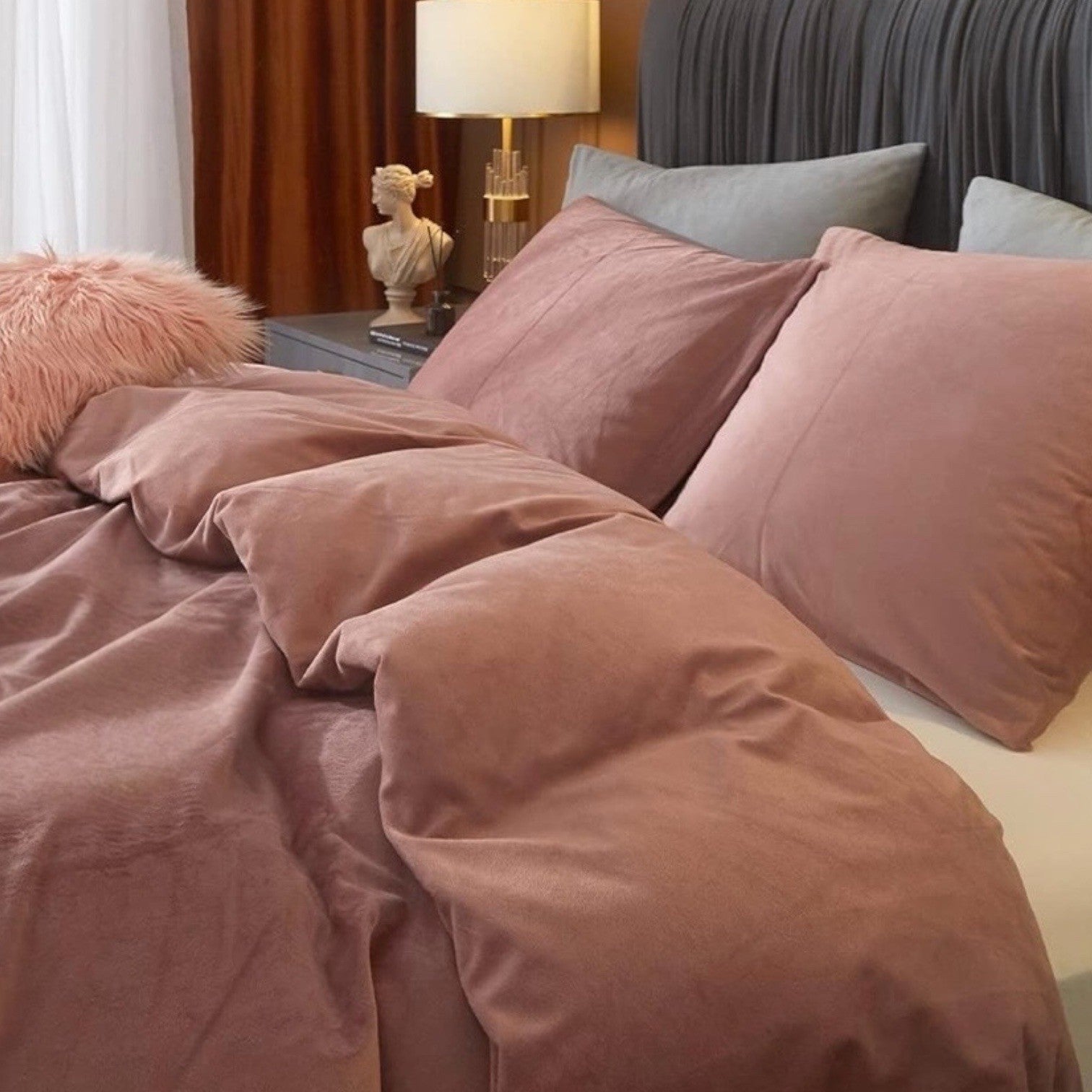 NEW West Elm Blush Pink Lux Velvet Flannel Queen / King Bedding Duvet & Sham Set