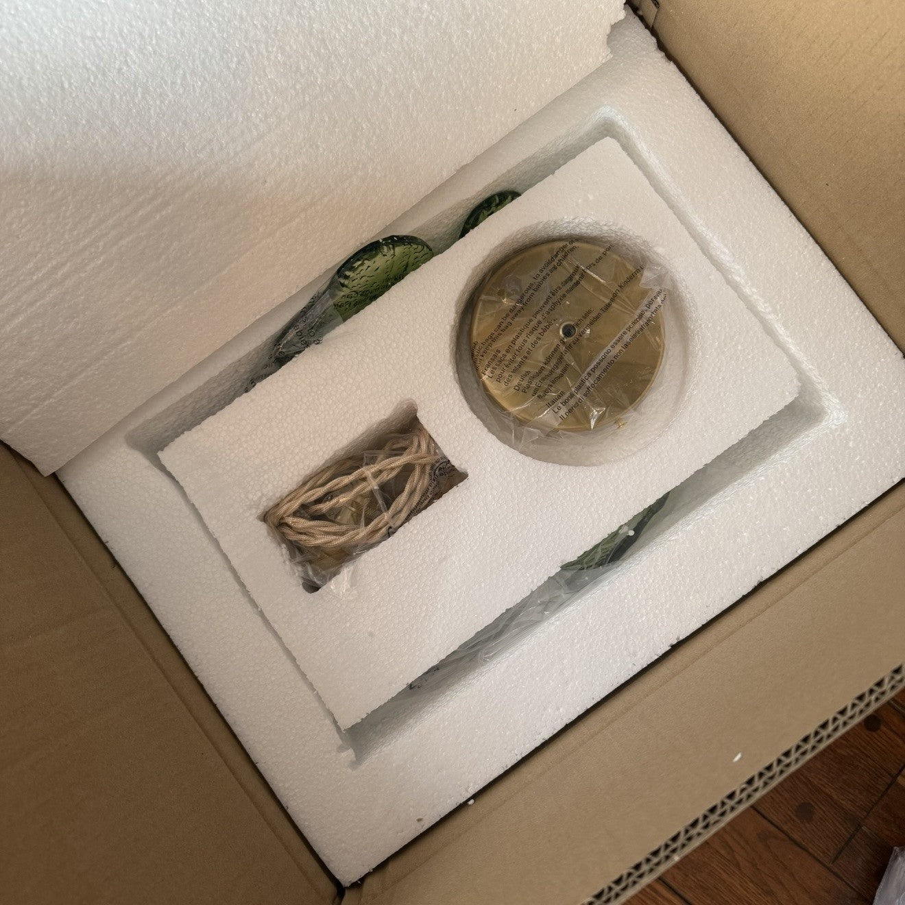 NEW Anthro Vintage Green Glass Hanging Retro Gold Floral Pendant Light Fixture