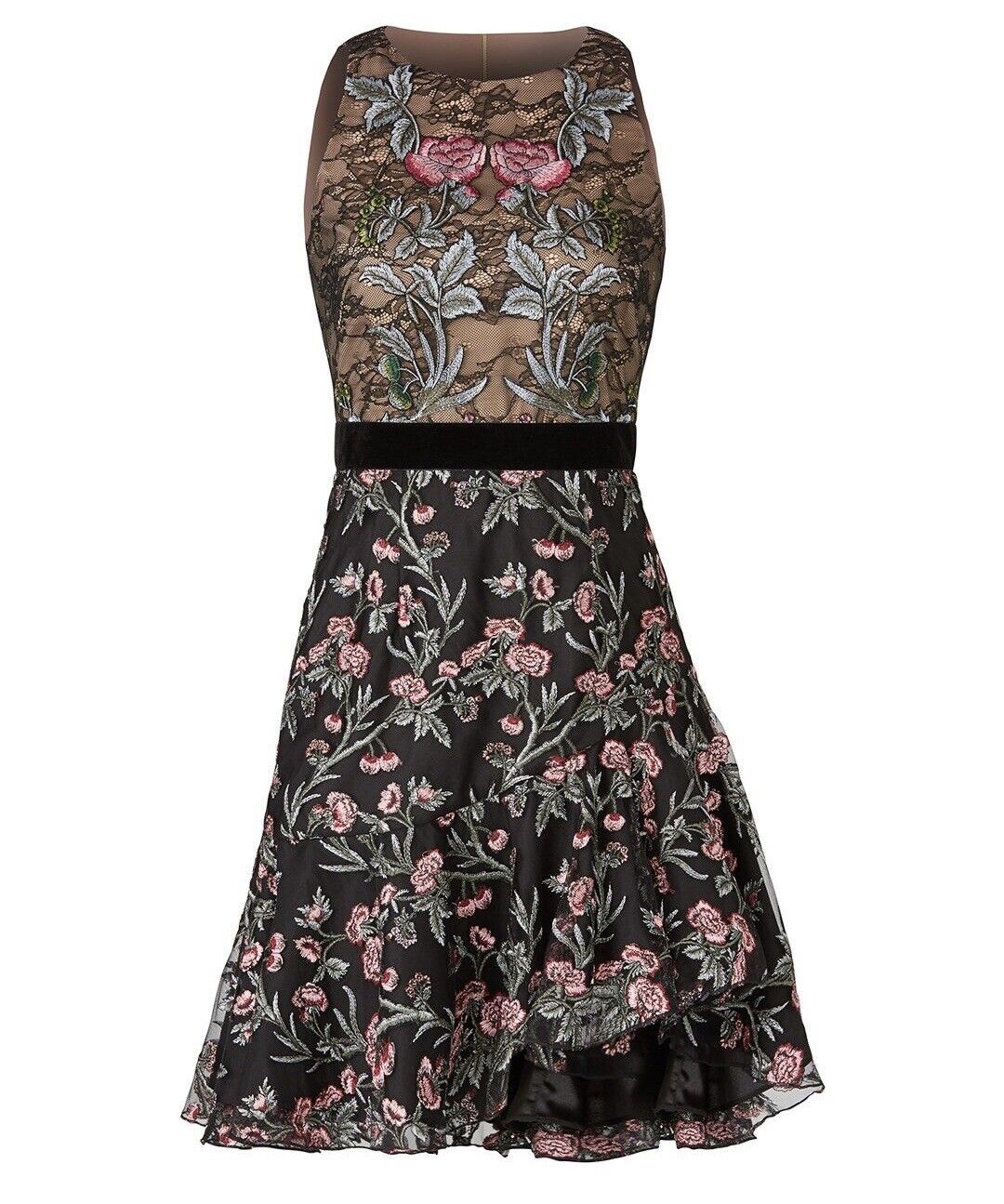 Monique Lhuillier Sheer Black Floral Rose Embroidered Lace Dress - Large / 12