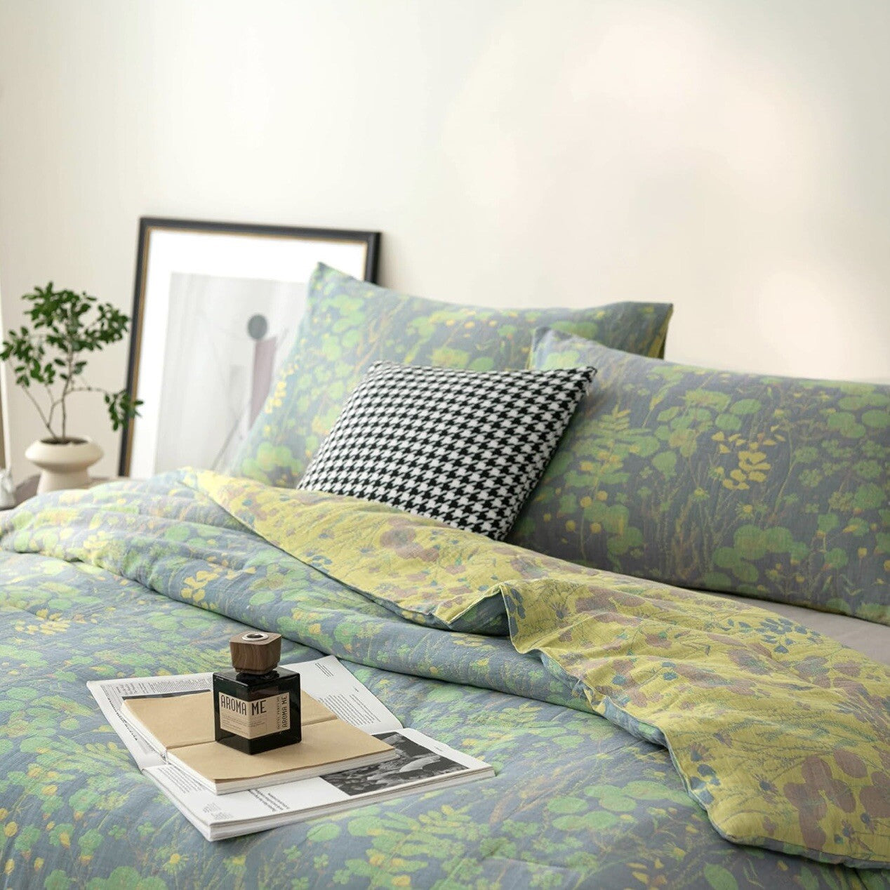 NEW Anthro Blue Green Floral Reversible King Size Bedspread Blanket Sham Set