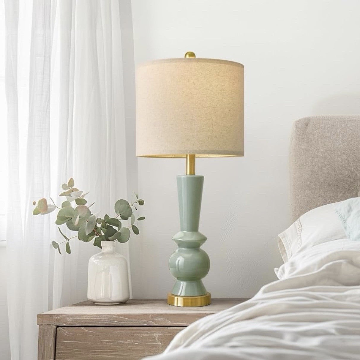 NEW Anthropologie Set of 2 Sage Green Gold Ceramic Boho Table Lamps Lighting 27"