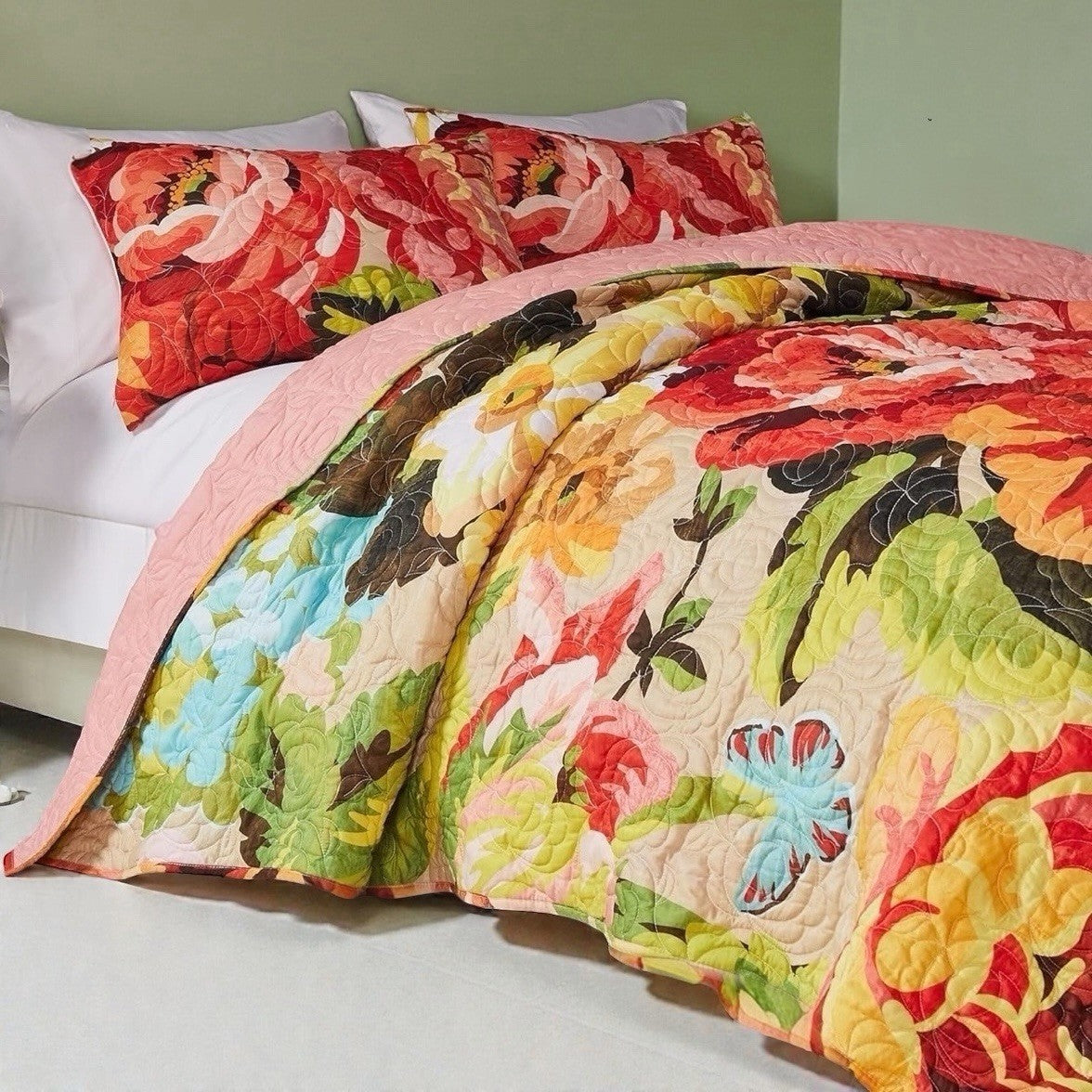 NEW Anthro Red Floral Reversible Boho Knit Queen / King Bedding Quilt & Sham Set