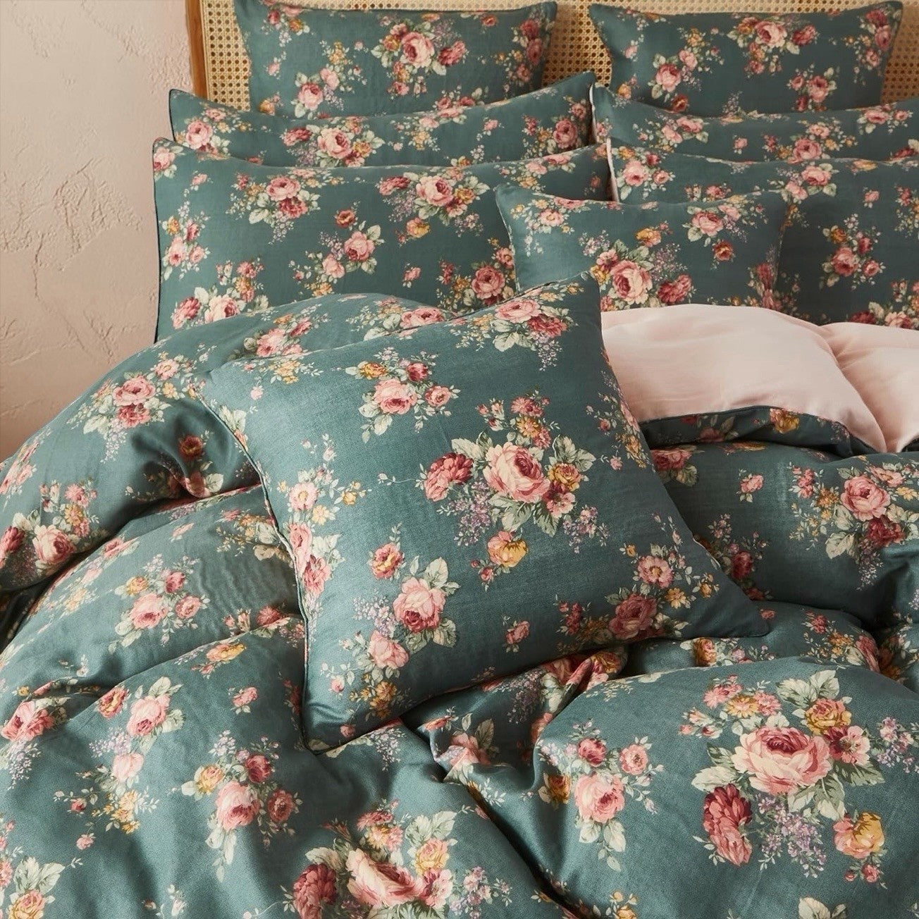 NEW Anthro Green & Pink Floral Muslin Cotton Boho Queen / King Bedding Duvet Set