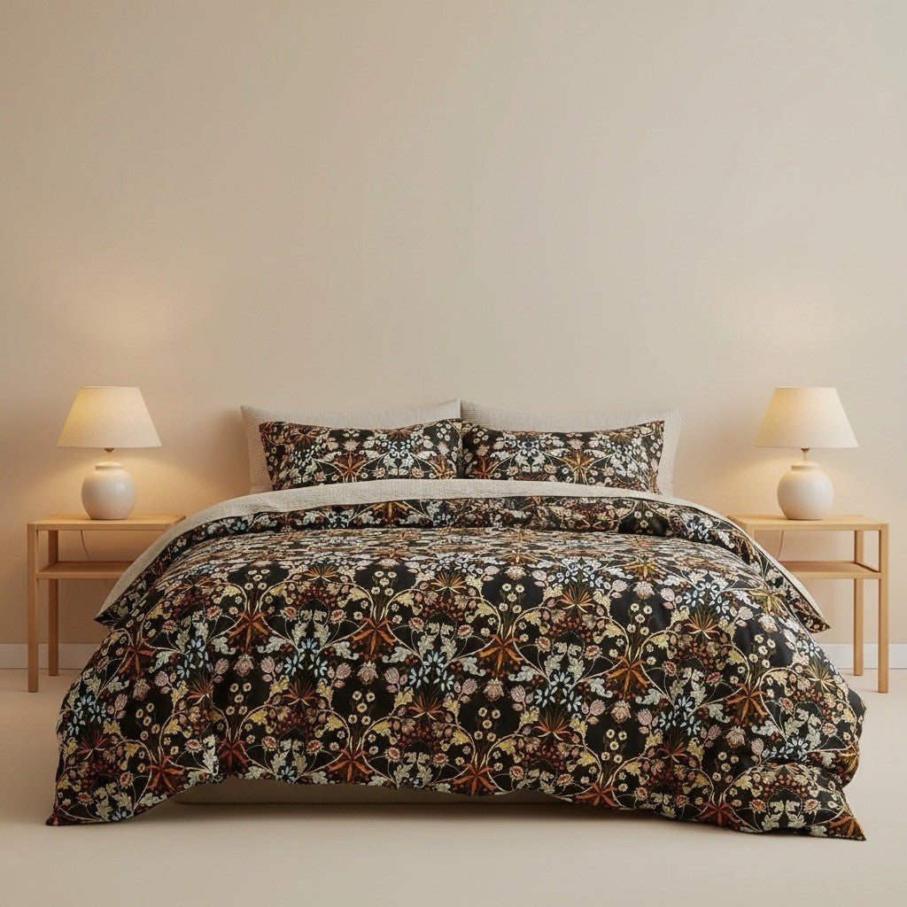 NEW Anthropologie Black Orange Floral Cotton Boho King Bedding Duvet & Sham Set