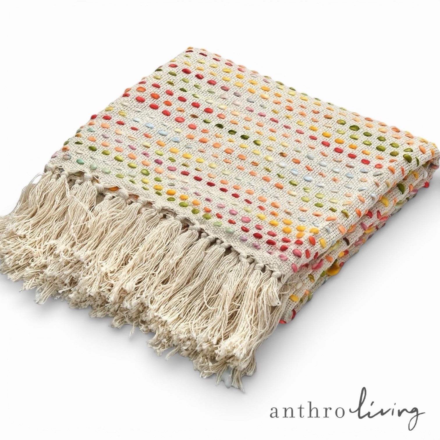 NEW Anthro Beige Rainbow Woven Knit Cotton Boho Tassel Throw Blanket - 50 x 70