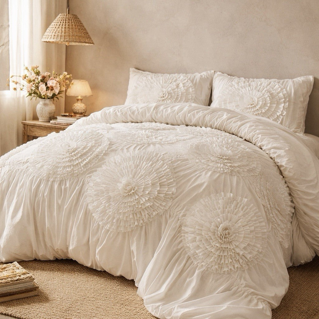 NEW Anthro Ivory Beige 3D Floral Queen / King Boho Comforter Bedding & Sham Set