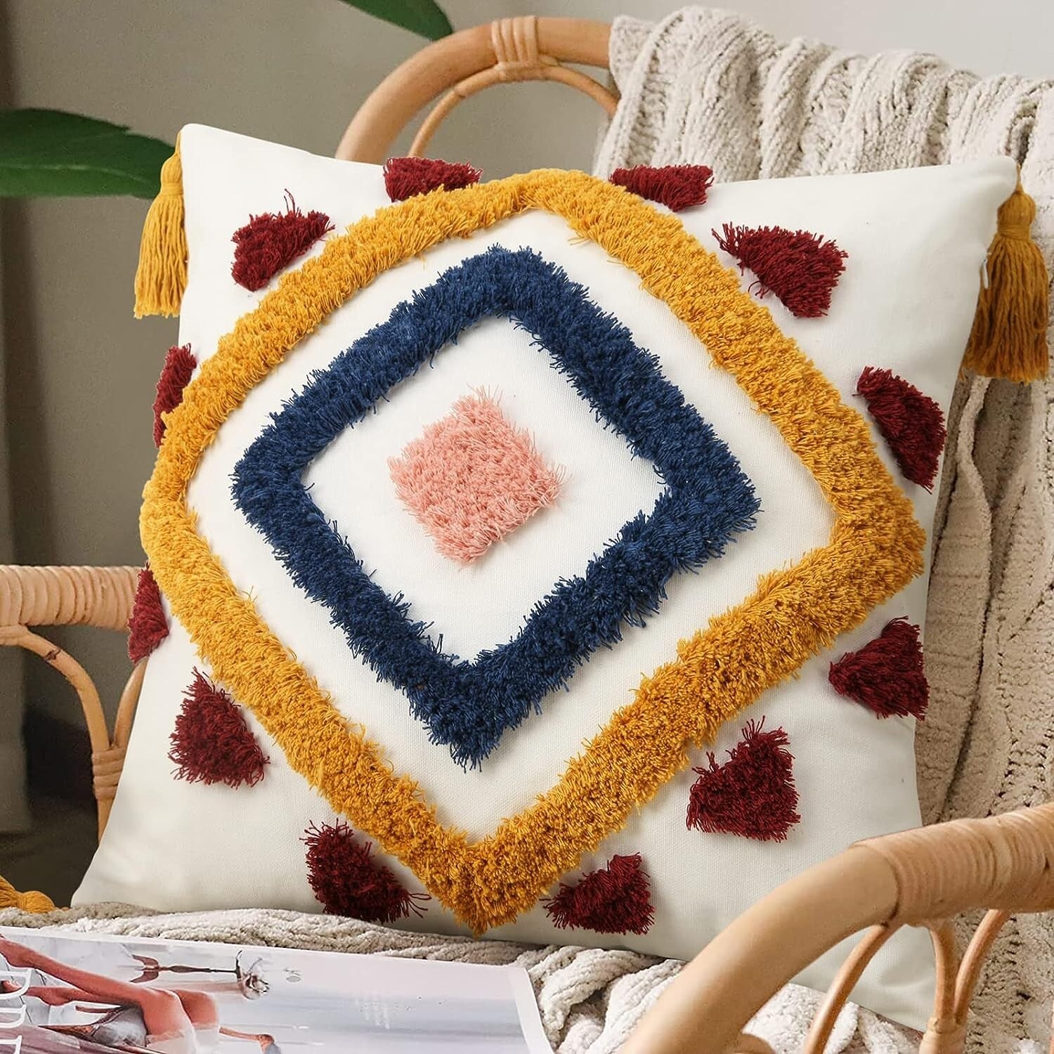 NEW Anthropologie Boho Abstract Tassel Throw Pillow Case Cover Sham - 18" x 18"
