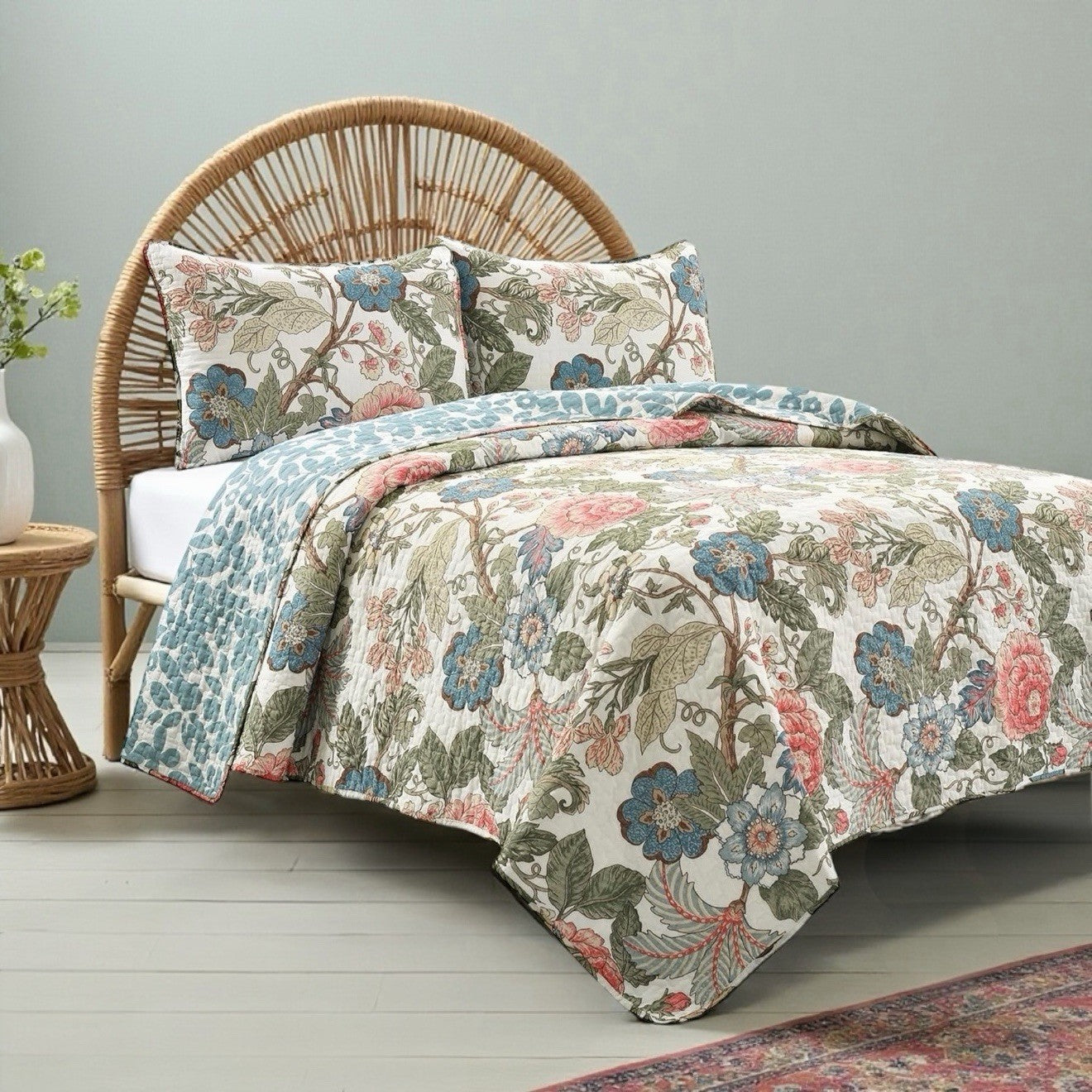 NEW Anthro Cotton Floral Reversible Boho Queen / King Bedding Quilt & Sham Set