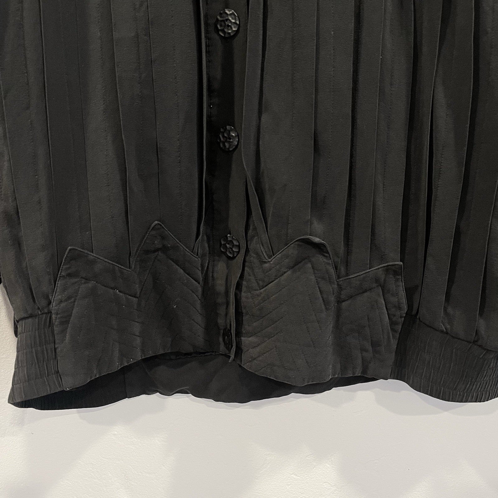 Vintage Black Perlita Pleated Silk Triangle Embroidered Bomber Jacket Coat Large