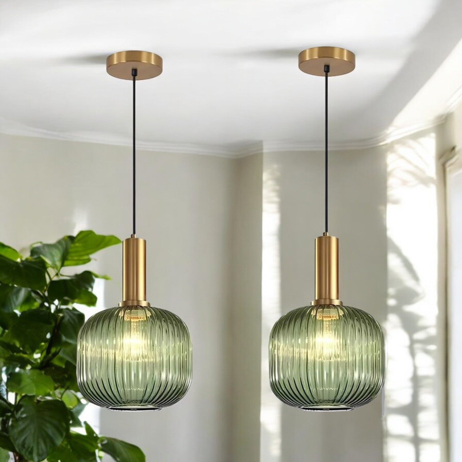 NEW West Elm Vintage Retro Green Glass Globe Hanging Gold Pendant Light Fixture