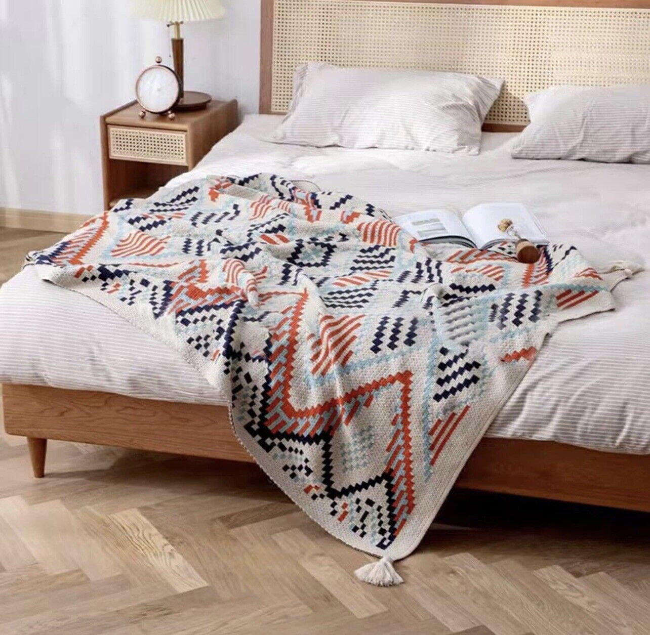 New Anthropologie Boho Tassled Geometric Throw Blanket Bedding - 50" x 60"