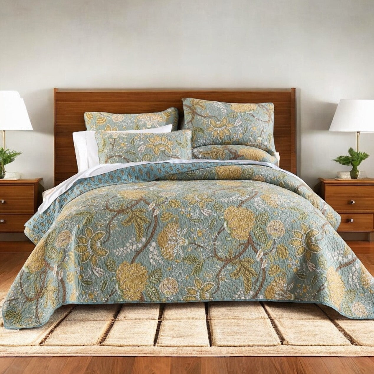 NEW Anthro Green Floral Reversible Queen / King Boho Bedding Quilt & Sham Case