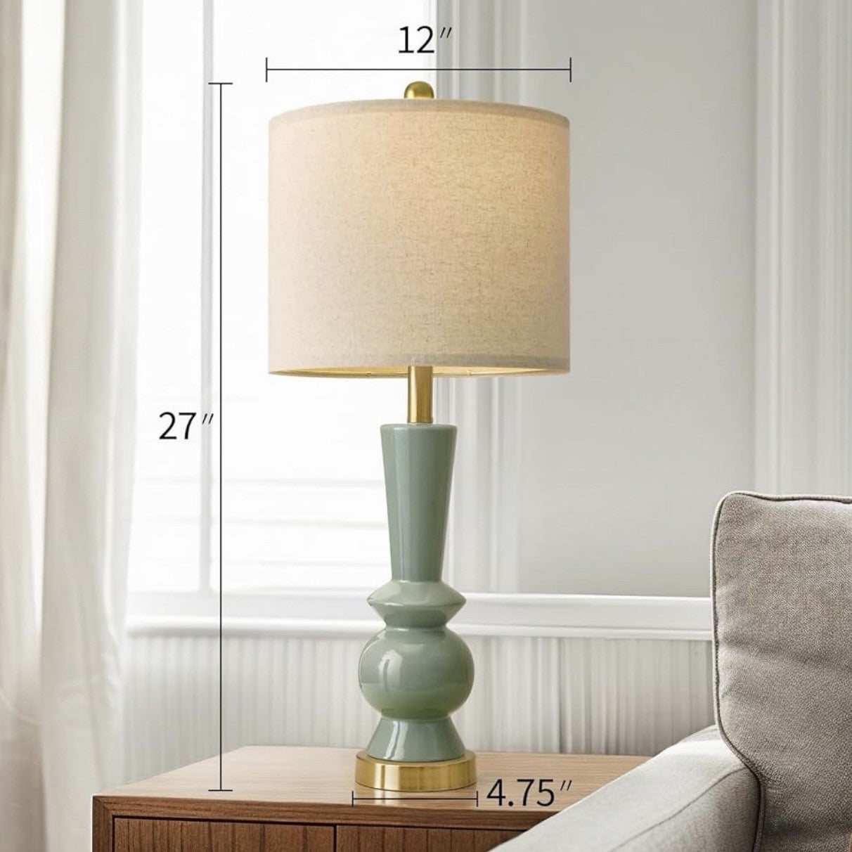 NEW Anthropologie Set of 2 Sage Green Gold Ceramic Boho Table Lamps Lighting 27"