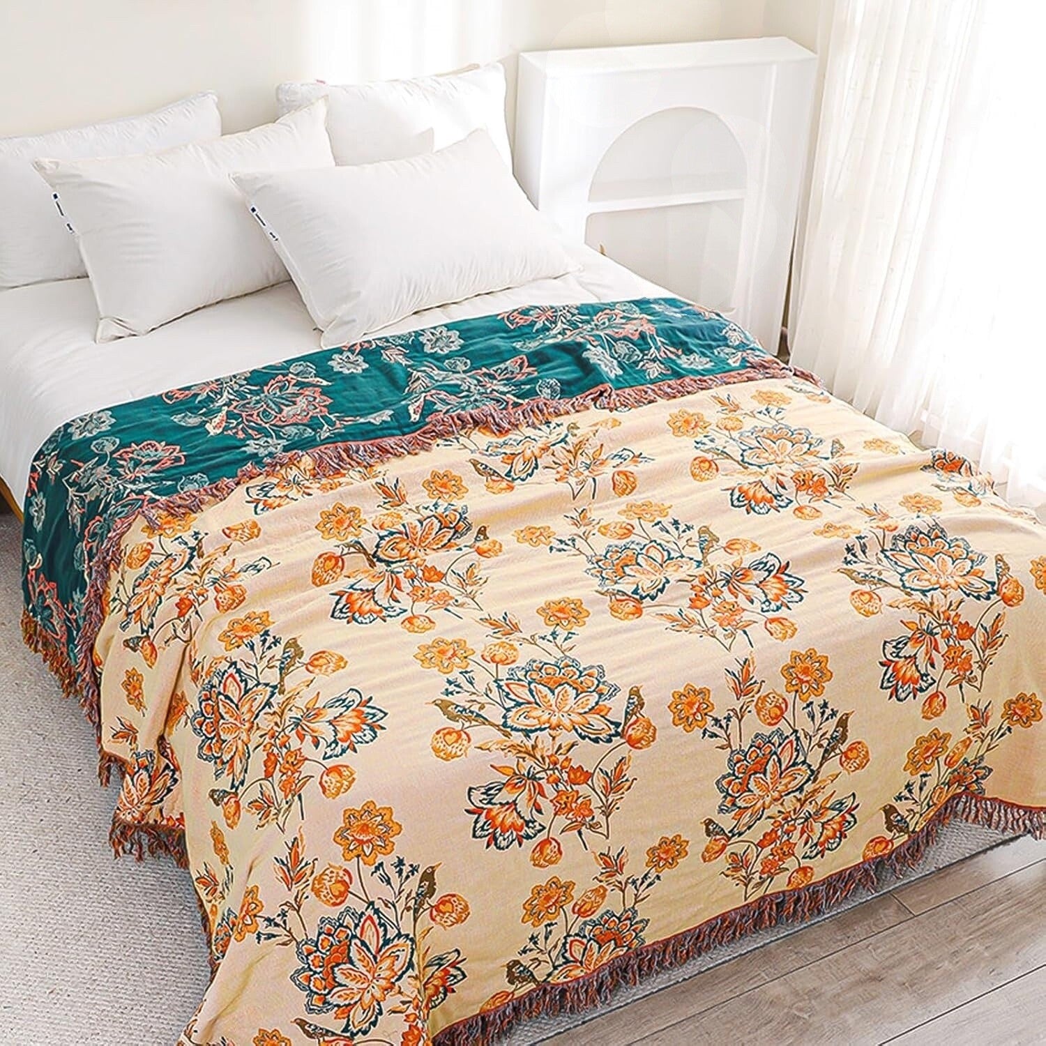 NEW Anthropologie Boho Floral Orange Teal Throw Blanket Bedspread Quilt 80 x 90
