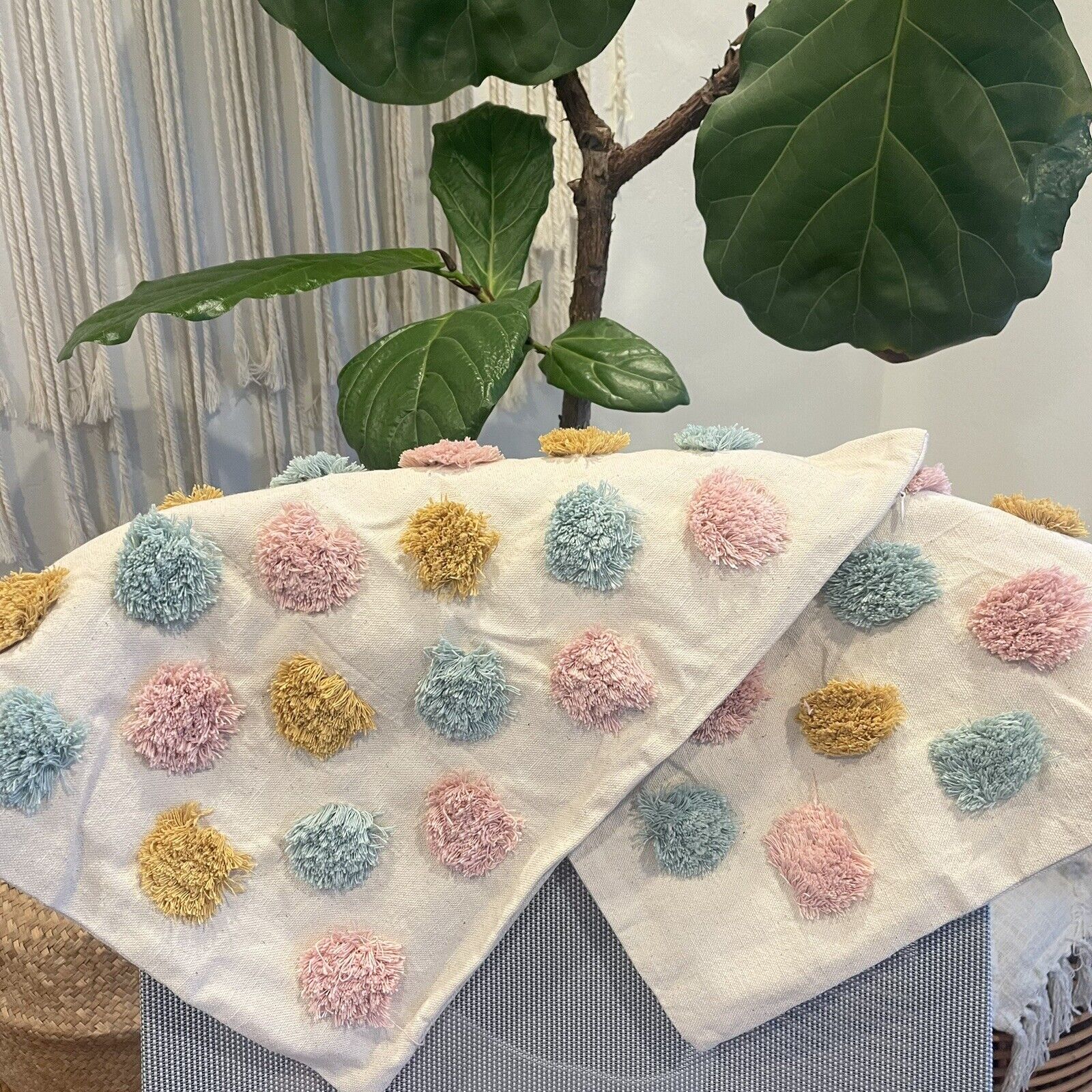 NEW Anthropologie (Set 2) Boho Tassel Pom Pom Throw Pillow Case Sham 18" x 18"